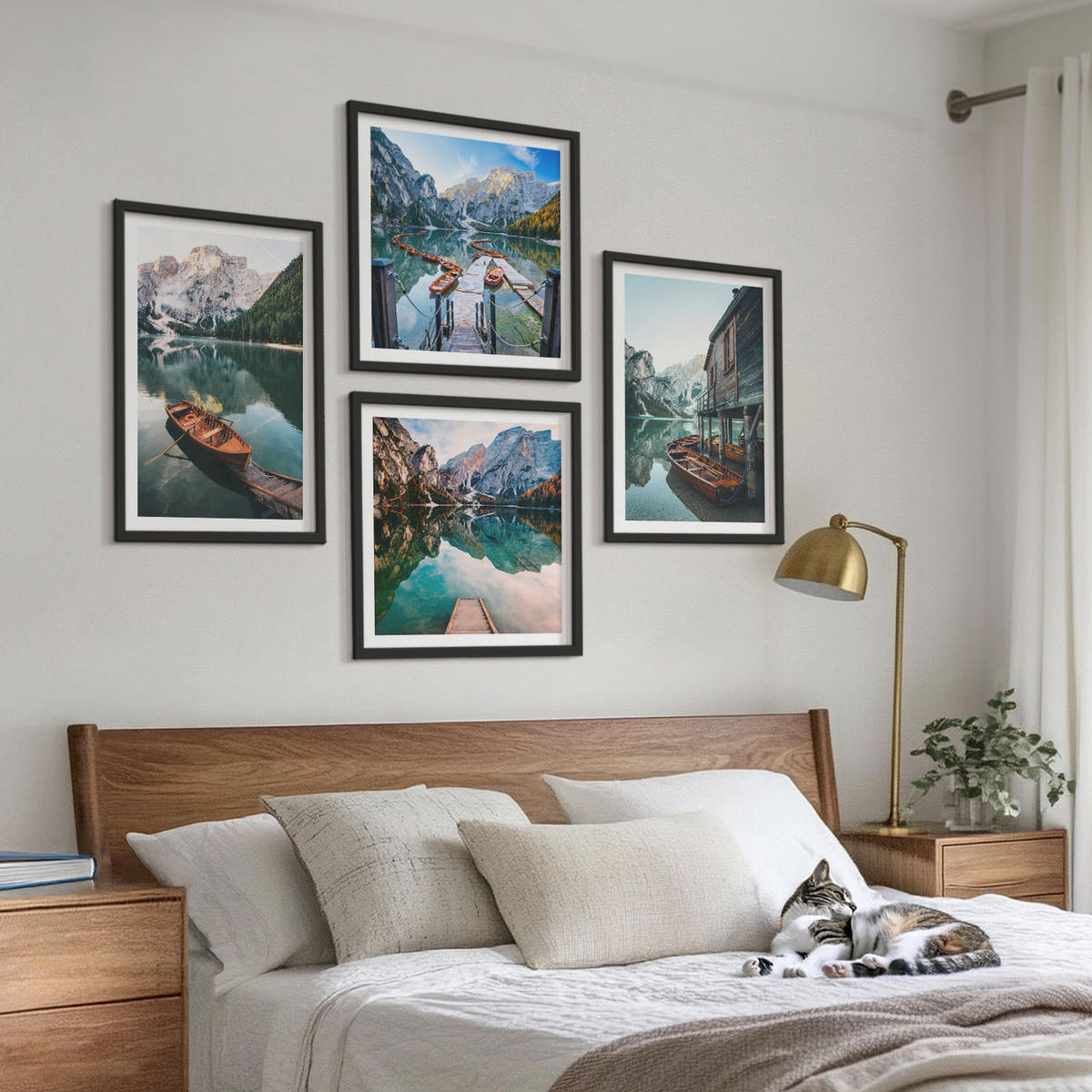WANDBILDER 4er-Set - 50x50 cm & 40x60 cm Schwarzer Rahmen - See, Berge, Boote, Ferienhaus - Schwarz, Kunststoff (50/50cm) - ArtPrintCave