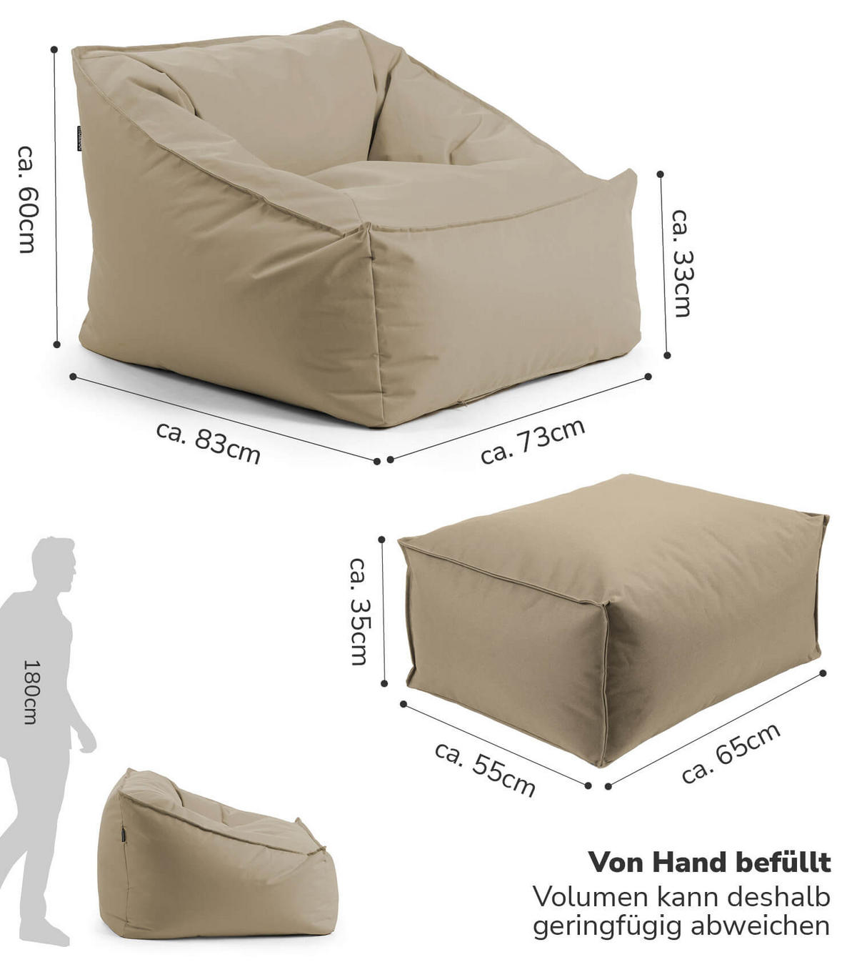 SITZSACK Der Sunnyboy mit Hocker - Beige, Textil (73/60/138cm) - Mokebo