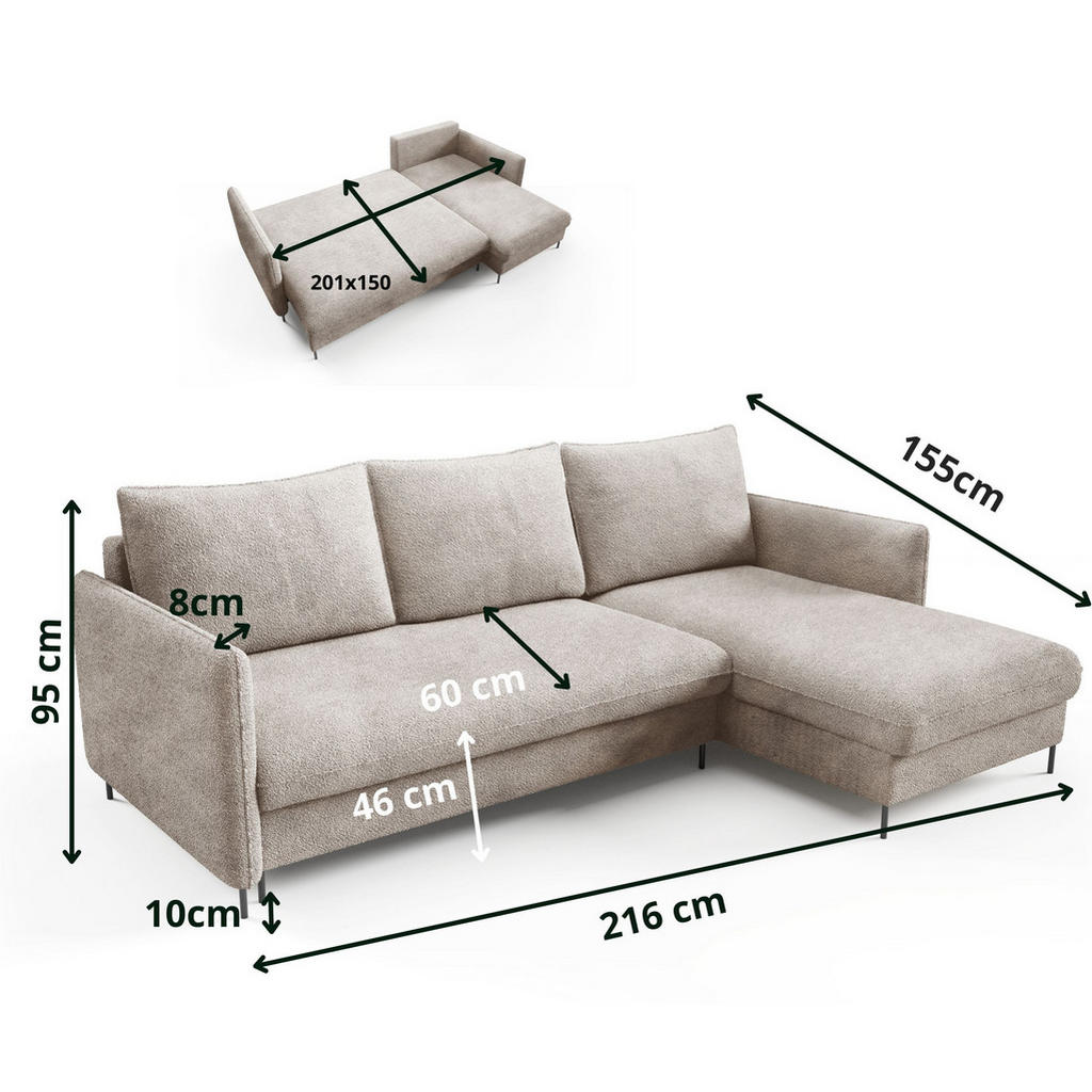 Thumbnail - Bettso Ecksofa, Grün, Holzwerkstoff, Textil, L-Form,L-Form, 216x155 cm, Wohnzimmer, Sofas & Couches, Wohnlandschaften, E...