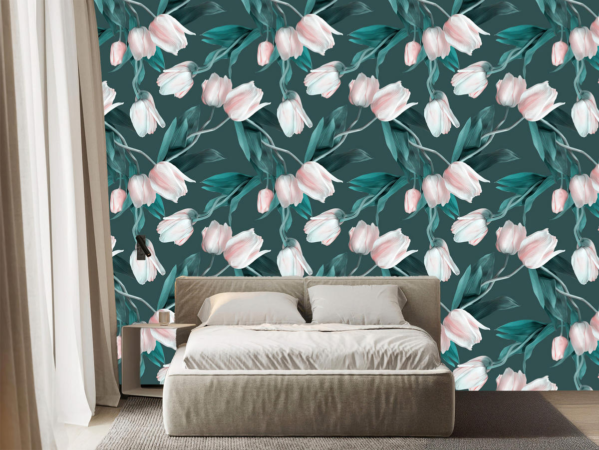 VLIESTAPETE Tulpen in 3D-Optik – Rosa, Petrol – 50x1000 cm - Petrol/Rosa, Papier (50/1000cm) - Muralo