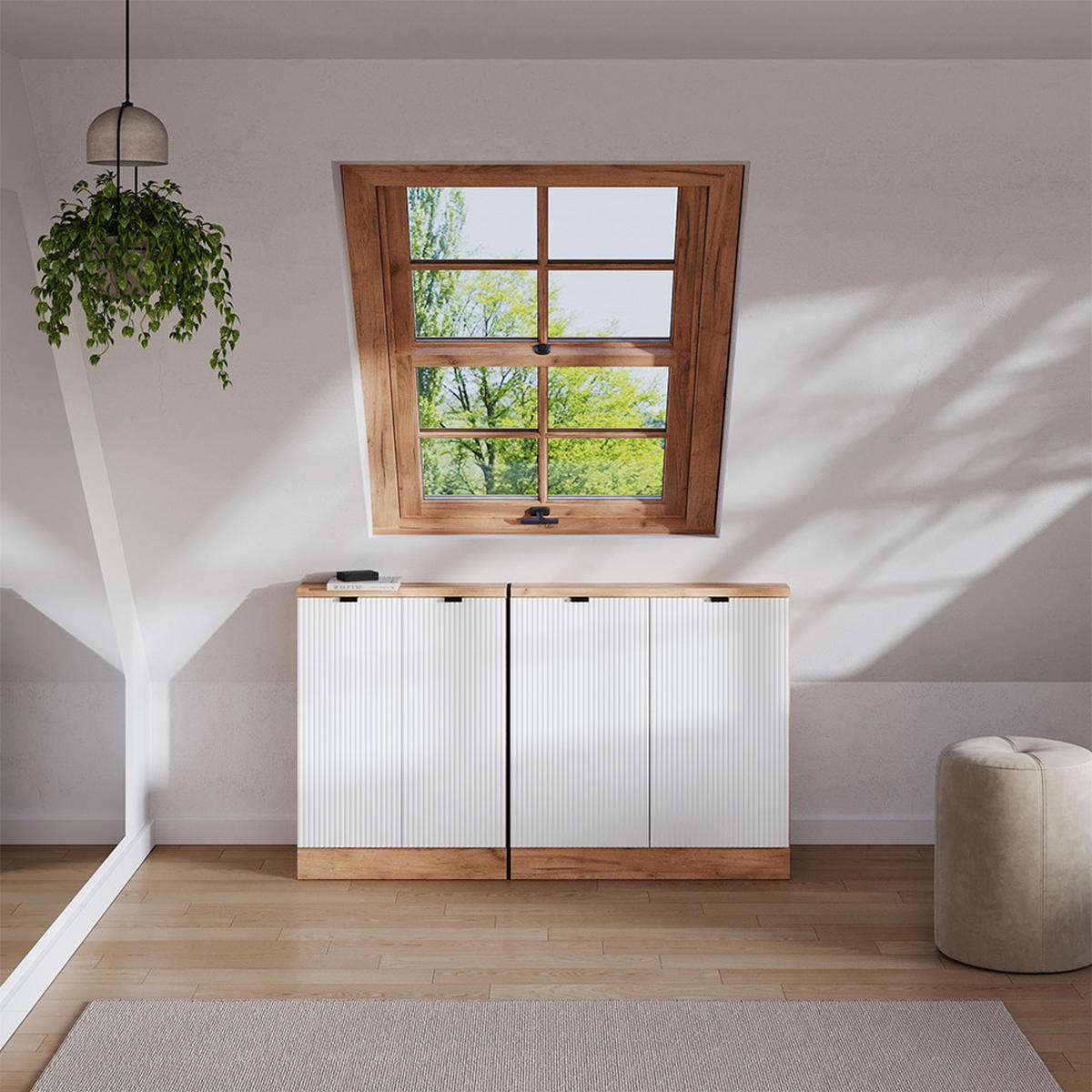 DACHSCHRÄGENSCHRANK-SET Rion Weiß Riffel 140 cm 2er Set - Weiß, Holzwerkstoff (140/81.6/46cm) - Vicco
