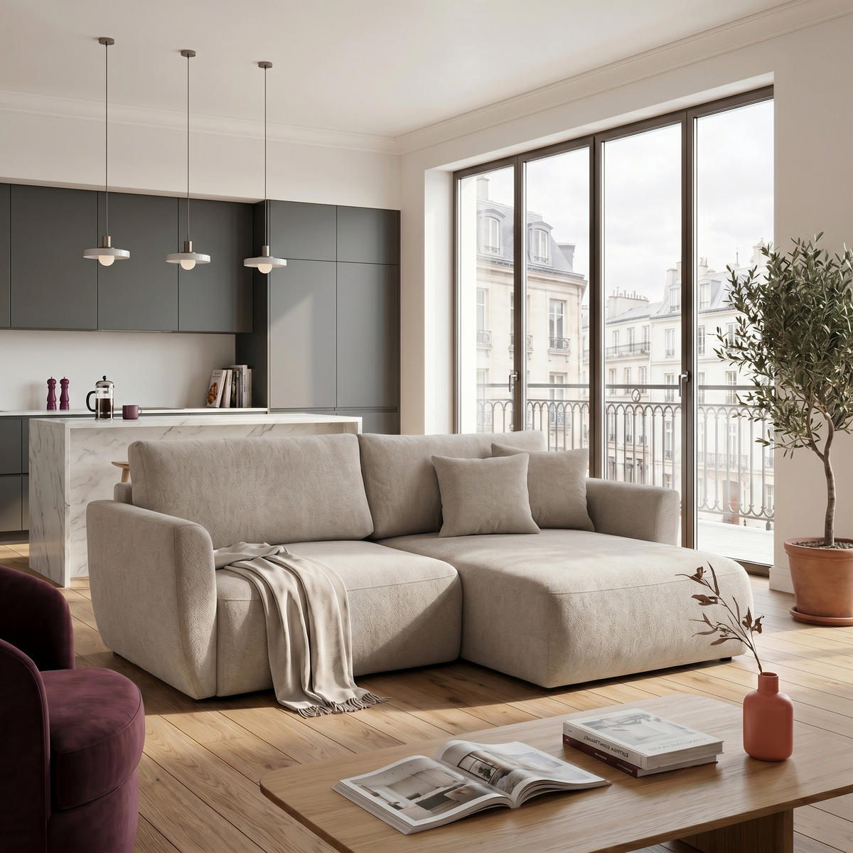 ECKSOFA BELLA L Rechts mit Schlaffunktion 140x205 Velours Beige - Beige/Schwarz, Holz/Kunststoff (165/230cm) - Muffo