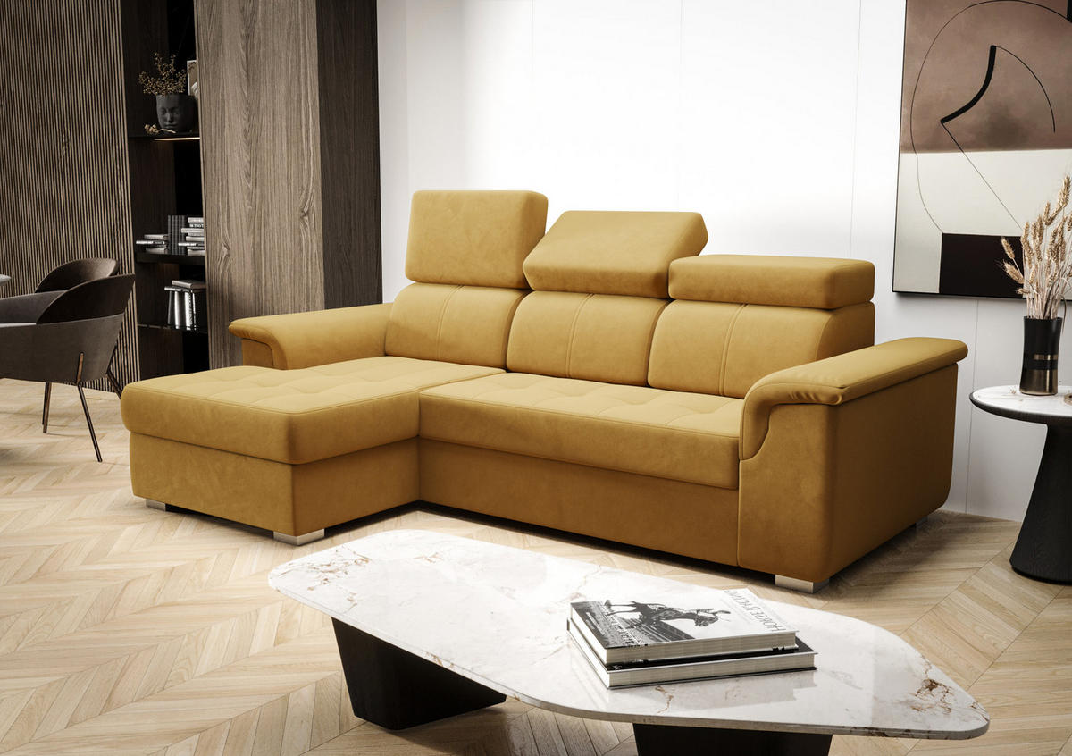ECKSOFA KONGO RBN06, Eckcouch in L-Form mit Schlaffunktion, Farbe: Gelb, Velourstoff, Ottomane Links - Gelb, Textil (247/165cm) - O-Sofa