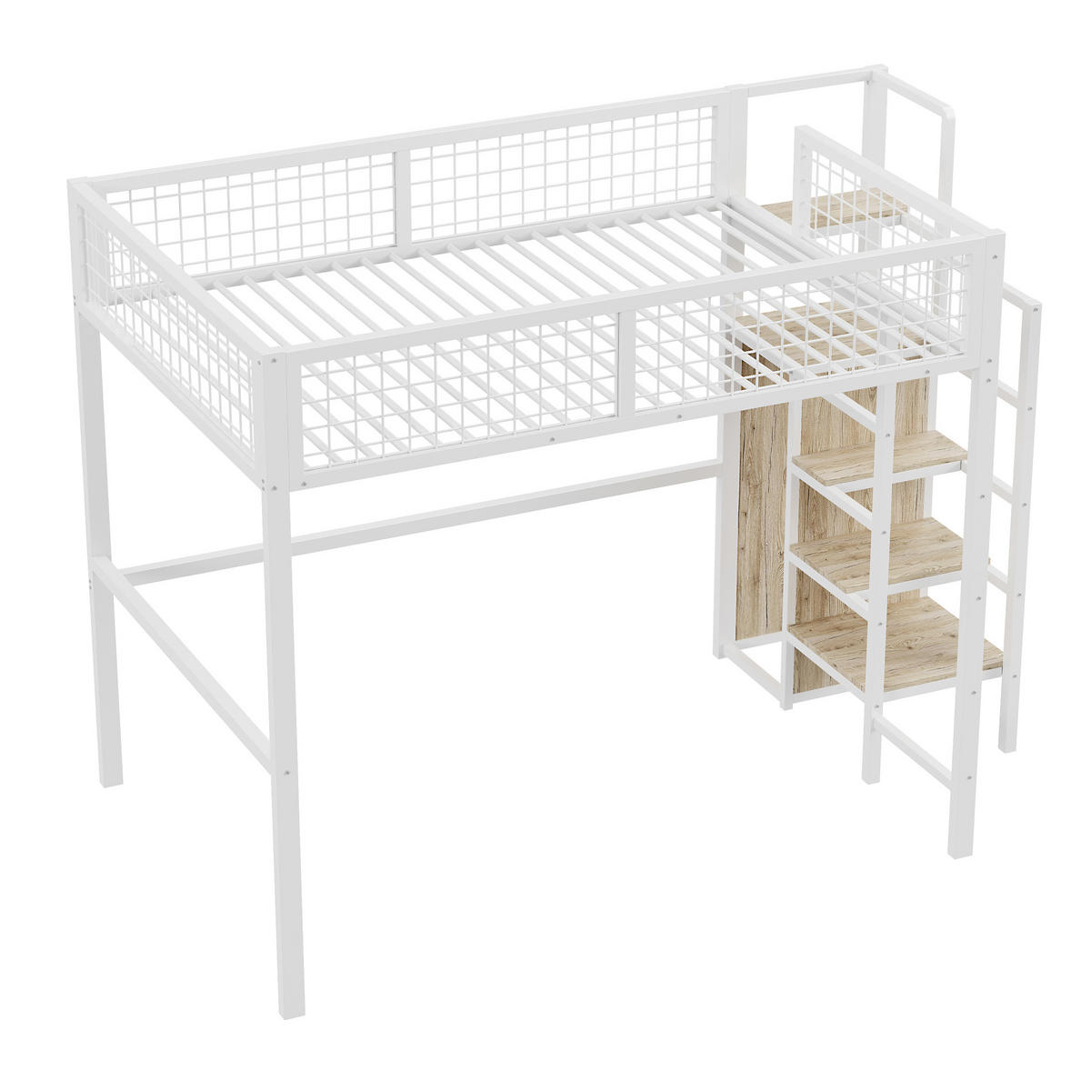 HOCHBETT 140/200 cm Weiß mit Leiter, Kleiderschrank und Regal - Weiß, Metall (140/200cm) - Flora Grace