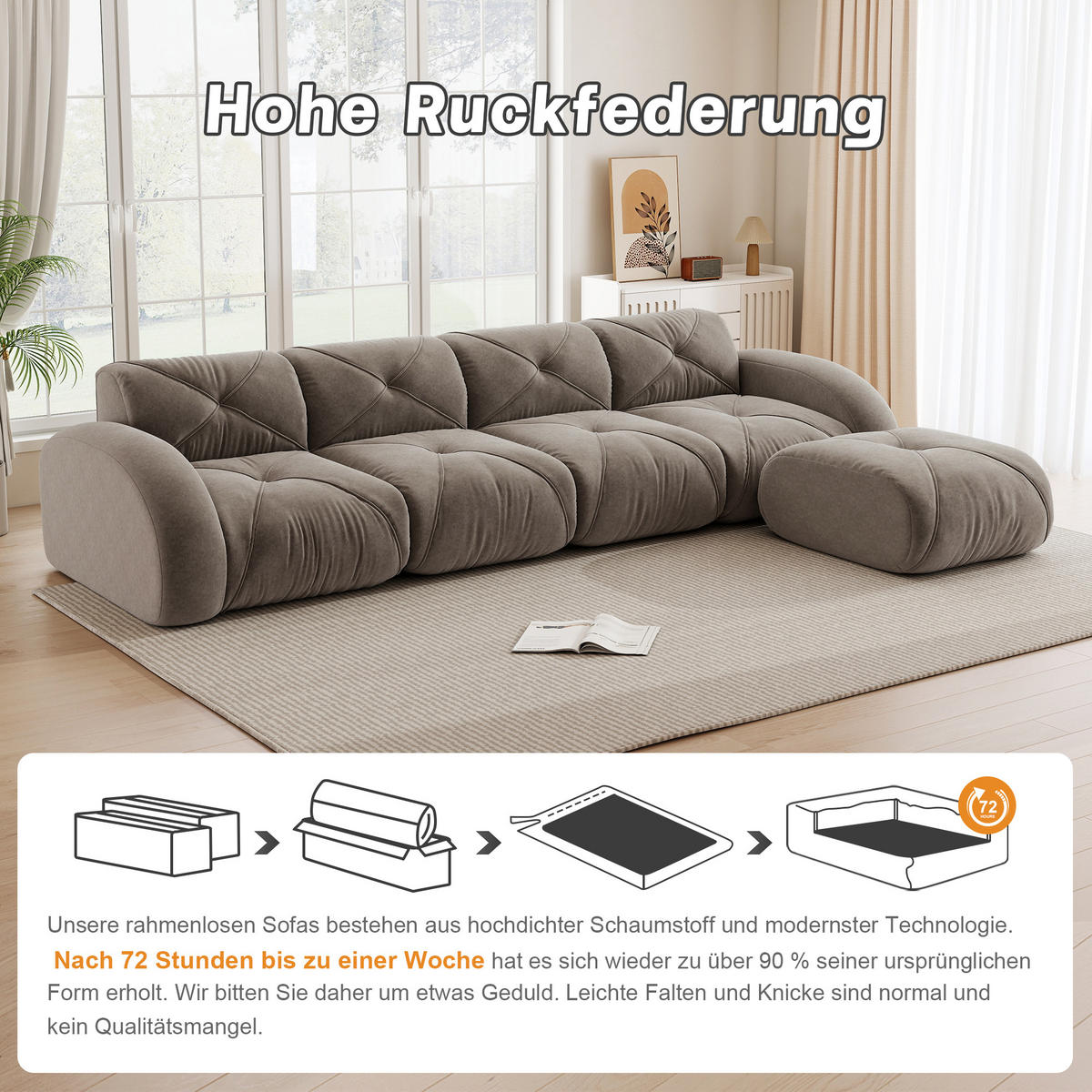 ECKSOFA 358/171/76 cm Taupe Chenille mit 1 Fußhocker, rutschfeste Unterseite - Taupe, Textil (358/171cm) - Oxeza