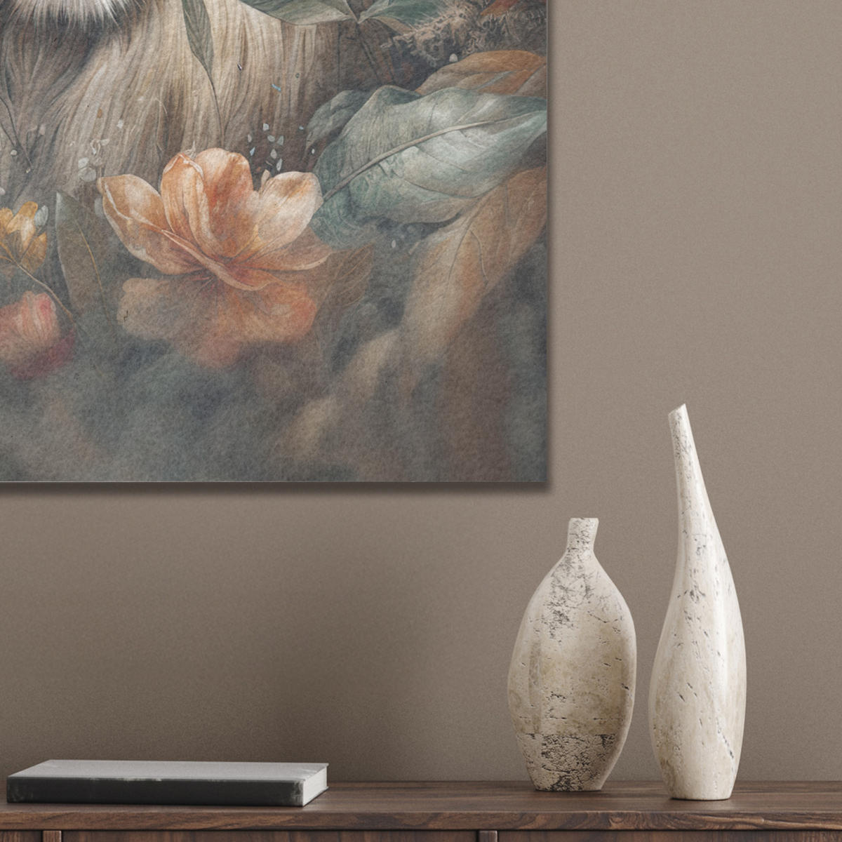 AKUSTIKBILD Löwe - Wildtiere - Pflanzen - Natur - Blumen Kunstdruck Schlafzimmer 50x70 cm - Beige, Kunststoff (50/70/0.9cm) - MuchoWow