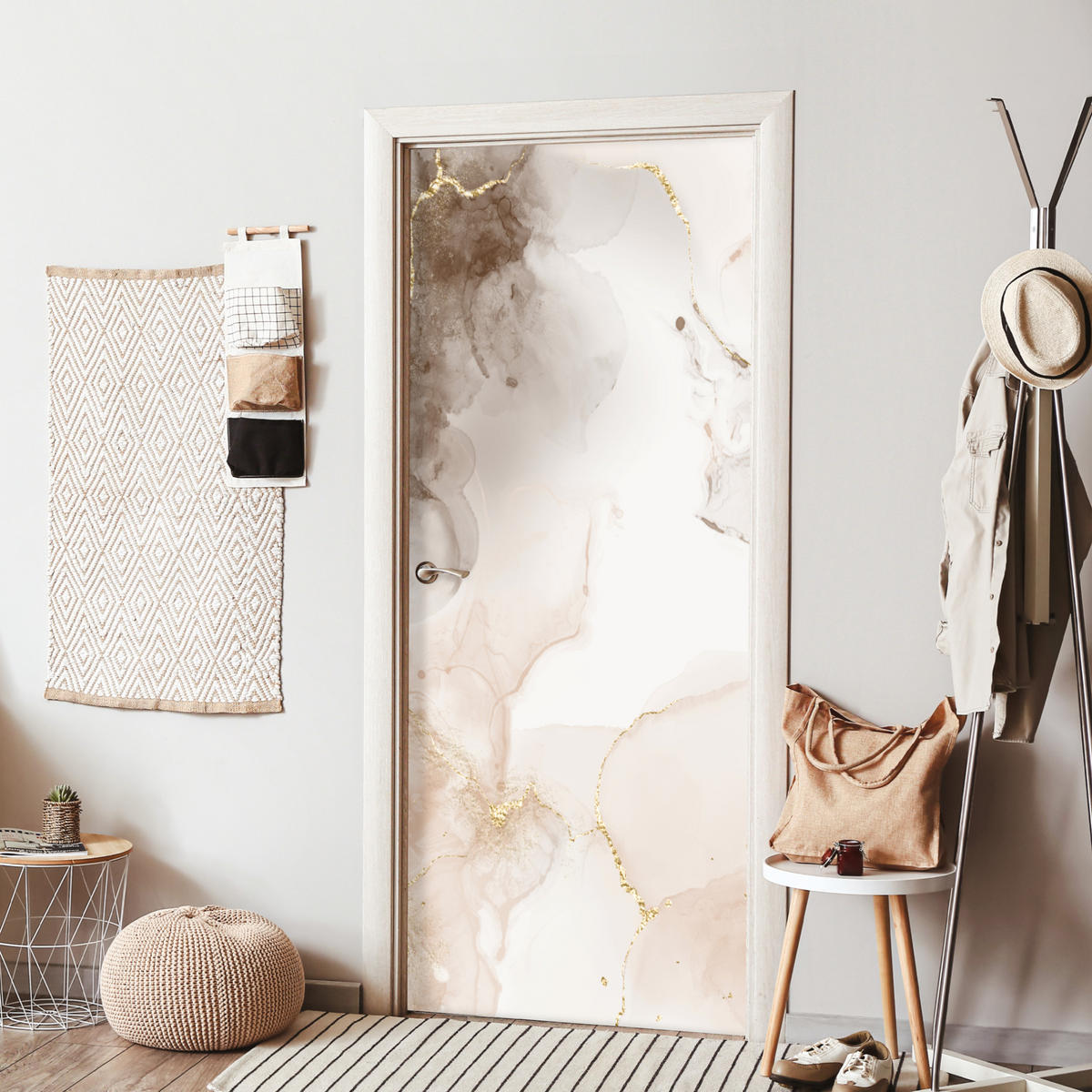 TÜRAUFKLEBER Selbstklebend - Marmor - Braun - Linie 80x205 cm - Türtapete - Champagner, Kunststoff (80/0.1cm) - MuchoWow
