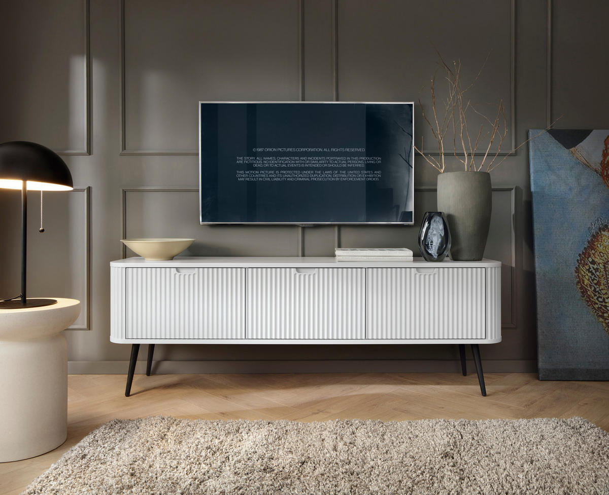 TV-SCHRANK "NOVA" Weiß 154x39x56cm Geriffelt Regal, 2-Türen, Schublade, Schwarze Beine - Schwarz/Weiß, Holzwerkstoff/Kunststoff (168/56/39cm) - DomoHome
