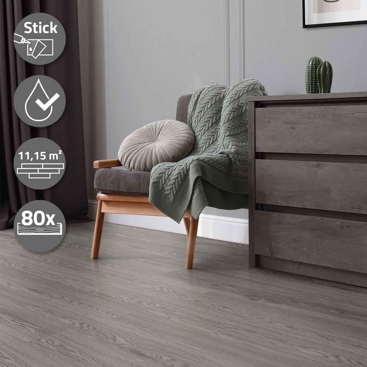 VINYLBODEN selbstklebend 11,15m²/80 Dielen Eiche Grau - Grau, Kunststoff (91.5/15.3/0.2cm) - ML-DESIGN