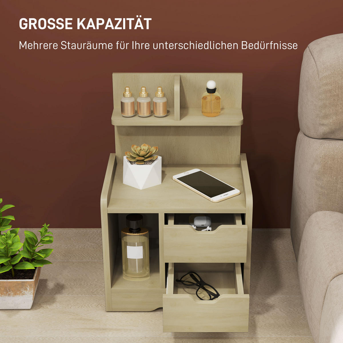 NACHTTISCH mit 2 Schubladen, 40 x 30 x 60 cm, Naturholz - Naturfarben, Holzwerkstoff (40/60/30cm) - HOMCOM