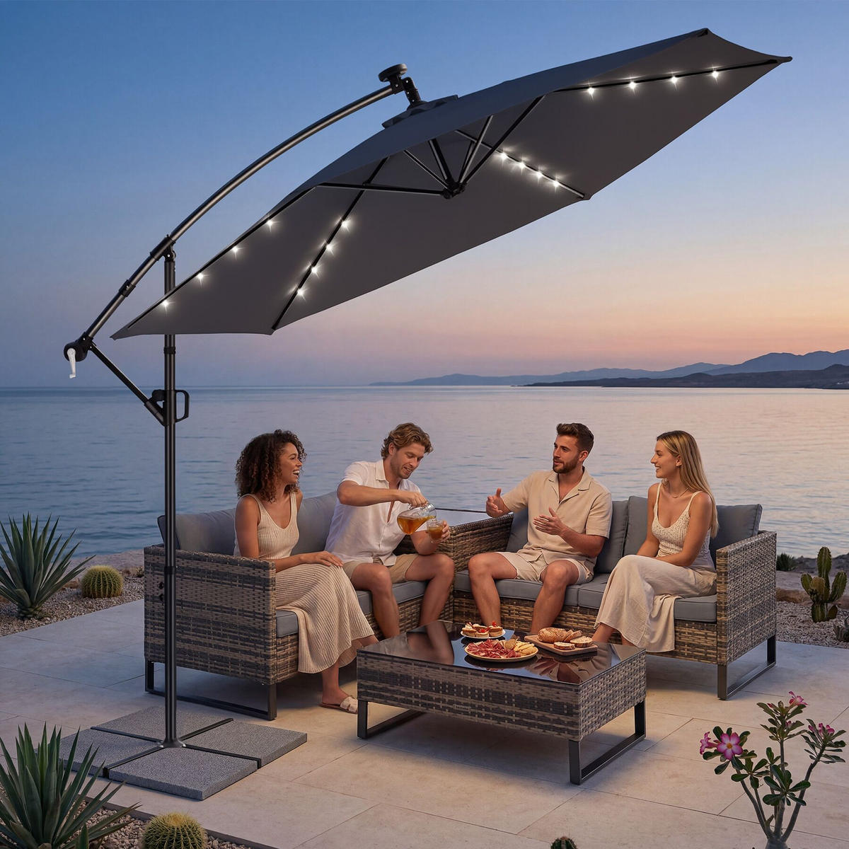 AMPELSCHIRM Artemis, mit LED Solar-Beleuchtung, inkl. Schutzhülle, grau - Grau, Metall (300/291cm) - tectake