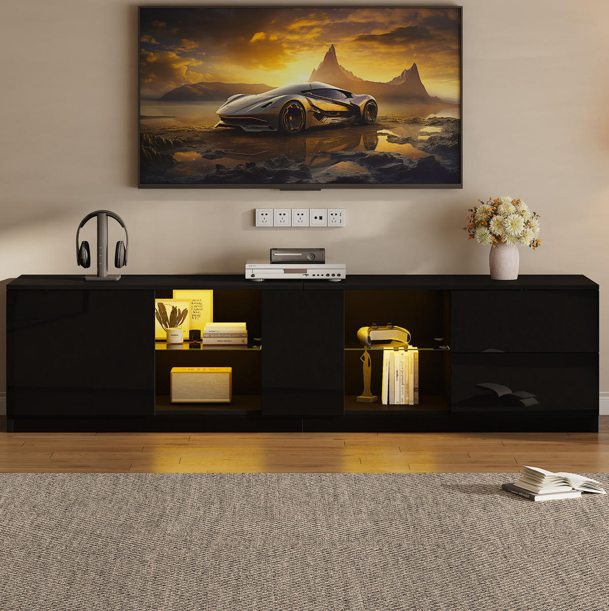 LOWBOARD 160/40/52 cm aus MDF mit Hochglanzfront und LED-Beleuchtung Schwarz - Schwarz, Holzwerkstoff (160/52/40cm) - Modenvie