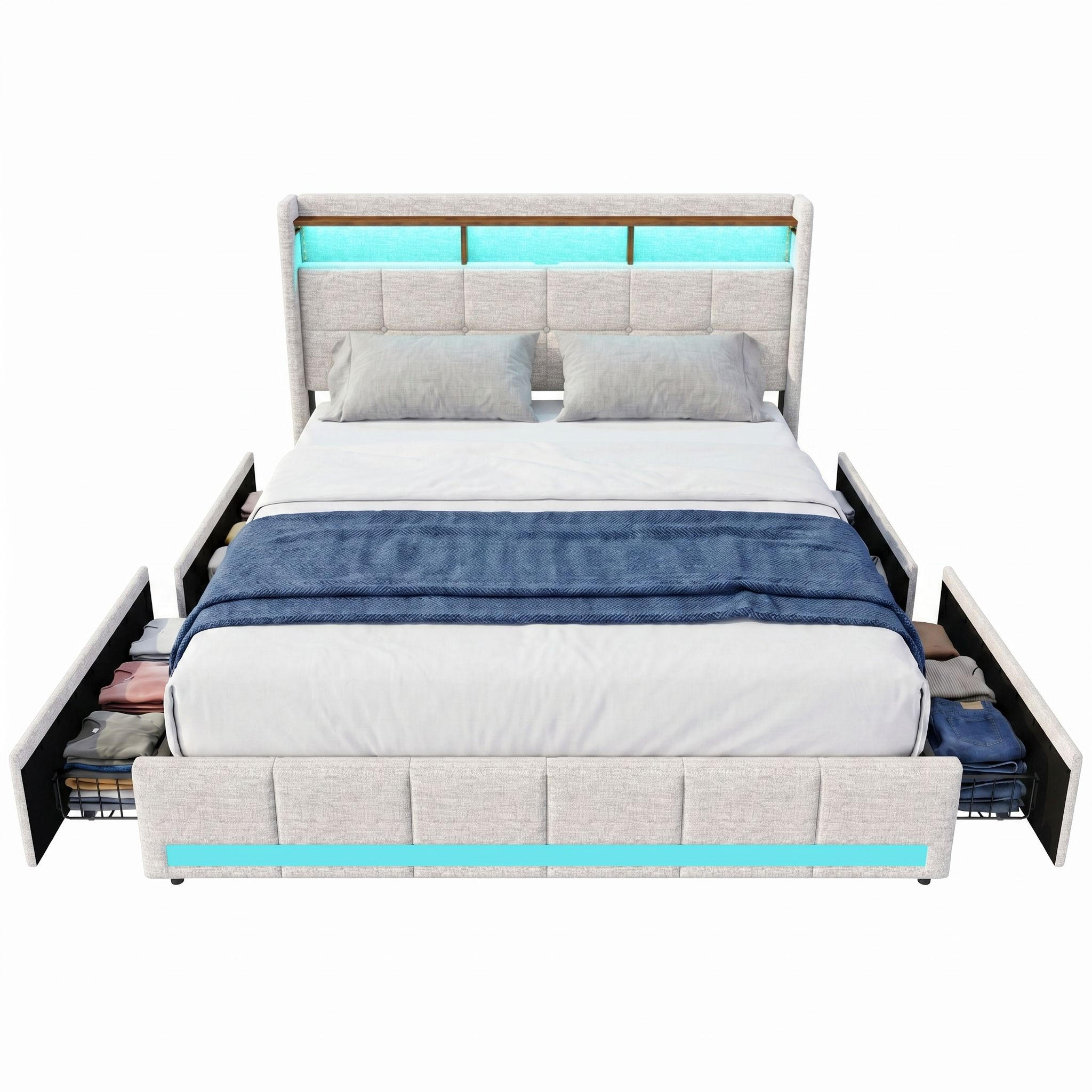 POLSTERBETT 140/200cm, mit 4 Schubladen, LED, USB-Anschluss, aus Leinen, beige - Beige, Holzwerkstoff (140/200cm) - Brevoria