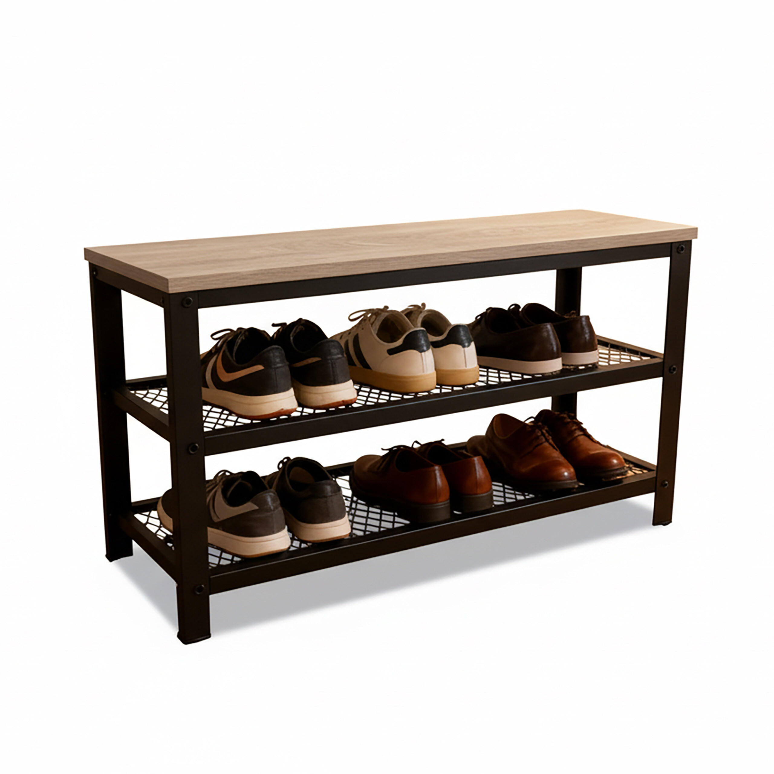 SCHUHBANK Schwarz Grau mit Sitzfläche 2-Schuhablagen - Hellbraun/Schwarz, Holzwerkstoff/Kunststoff (73/45/30cm) - Relaxdays