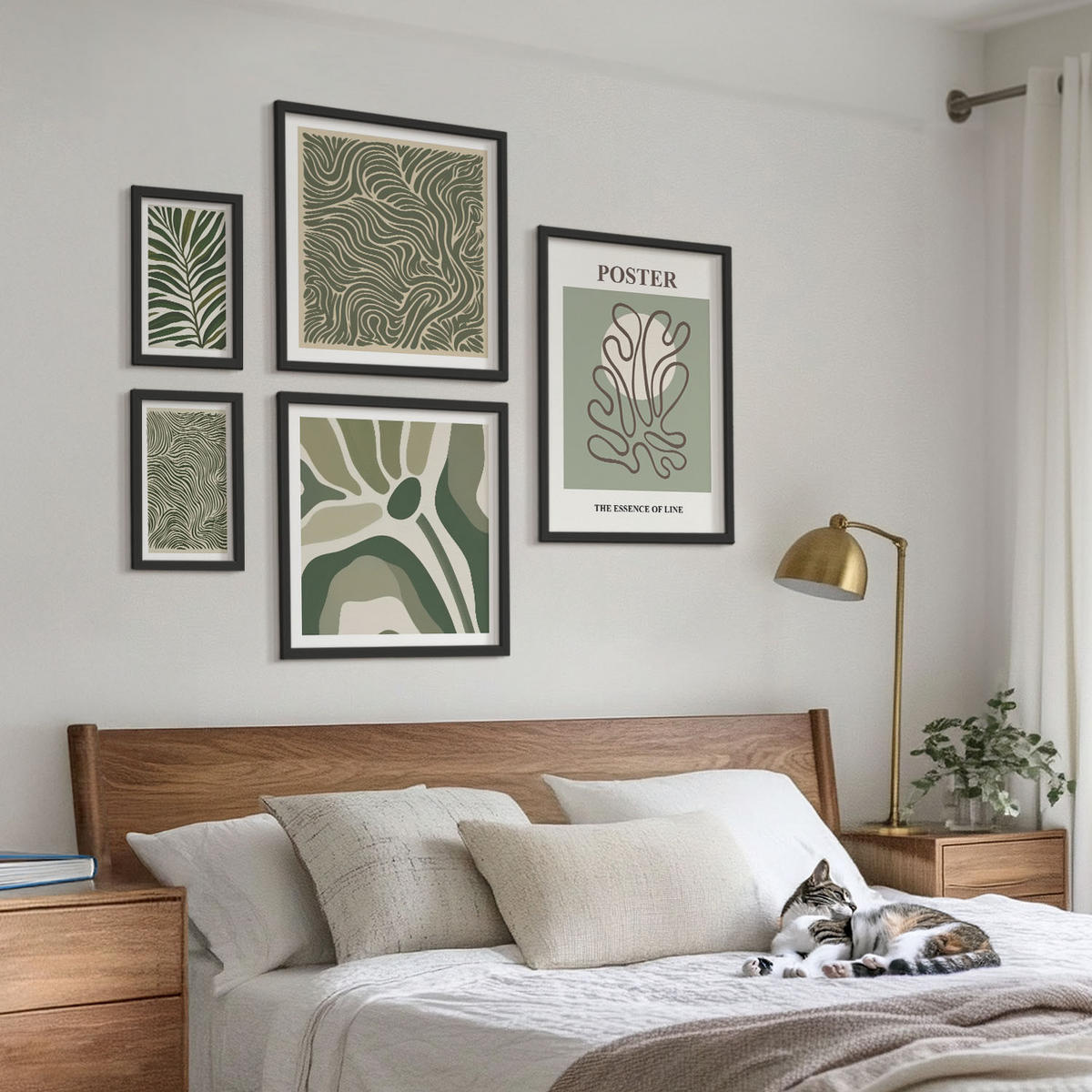 WANDBILDER 5er-Set - 50x50 cm & 20x30 cm & 40x60 cm Schwarzer Rahmen - Blattmuster und wellenförmige Formen - Schwarz, Kunststoff (40/60cm) - ArtPrintCave
