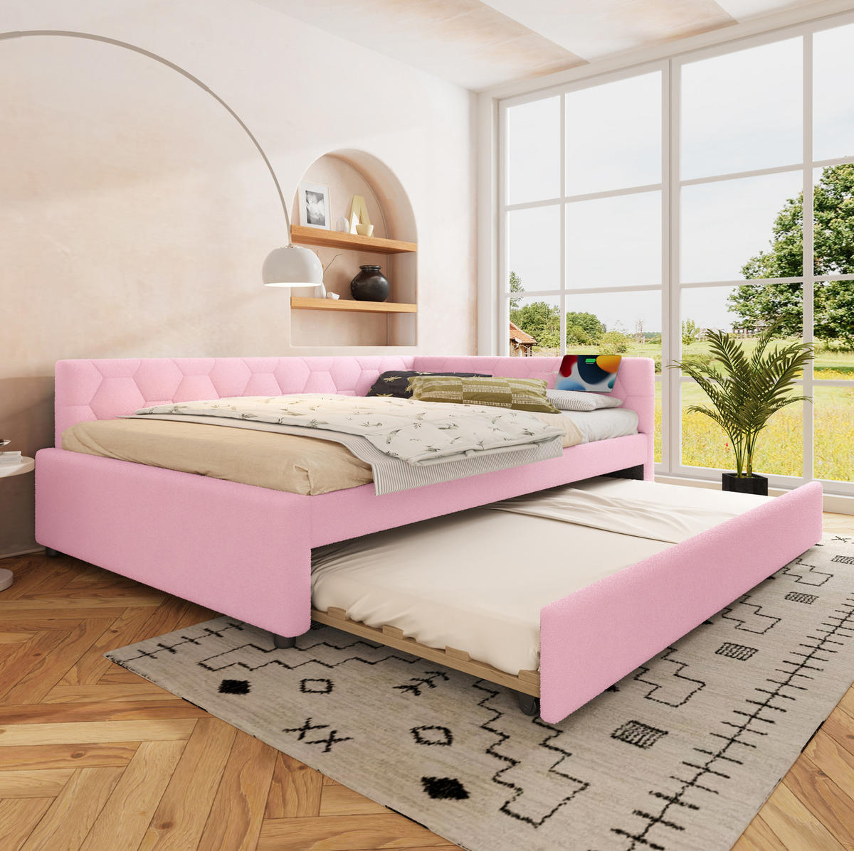 ROZKLÁDACÍ denní postel 140/200 cm růžová z veluru s výsuvným lůžkem, USB a lampičkou - růžová, textil (140/200cm) - OKWISH