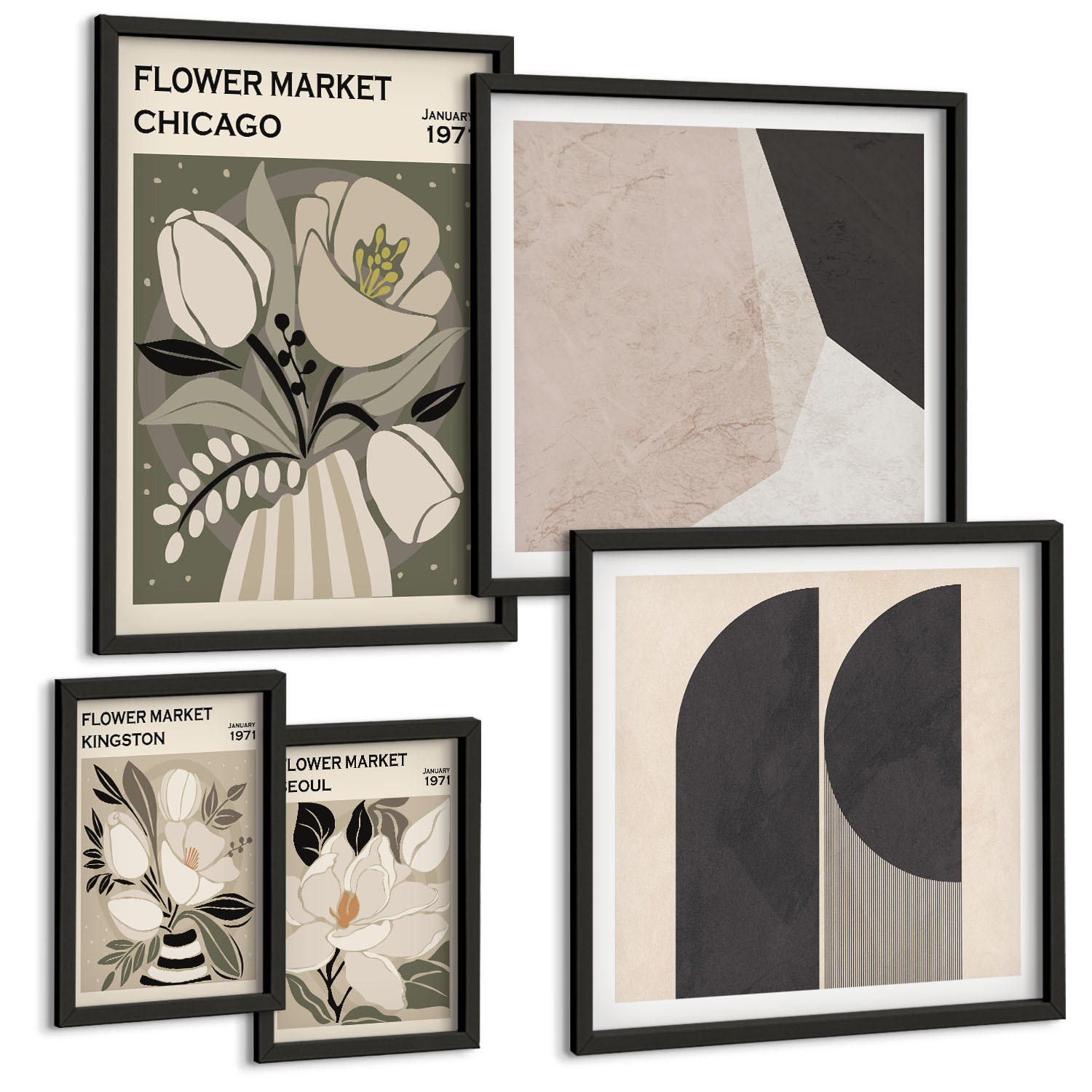 BILDER SET 5er Set - 50x50 cm & 20x30 cm & 40x60 cm Schwarzer Rahmen - Kingston Seoul Retro-Blumen - Schwarz, Kunststoff (40/60cm) - TULUP