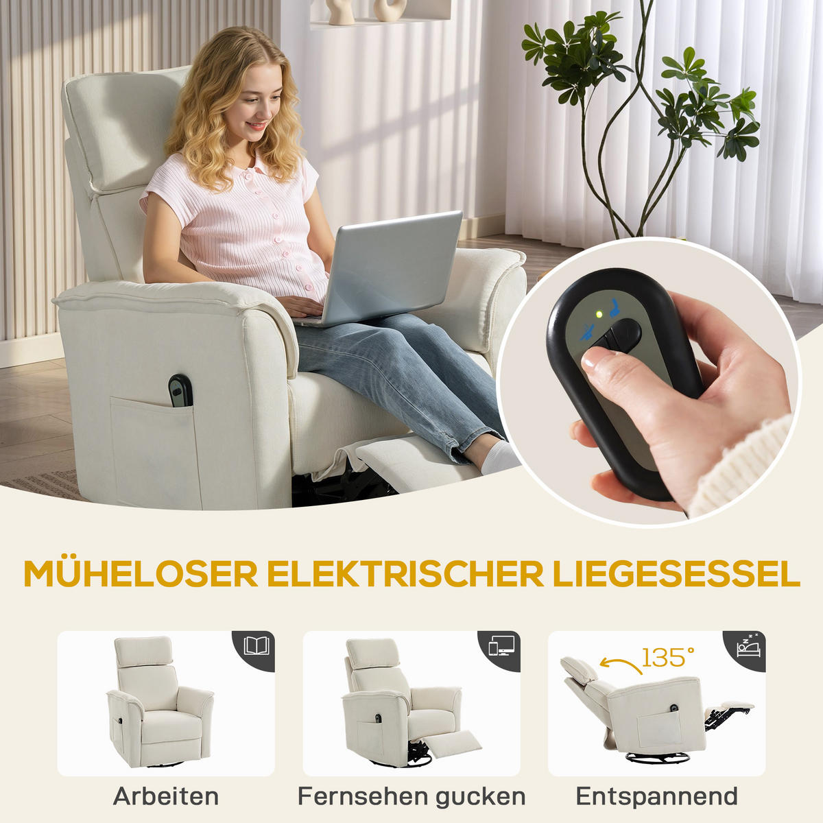 RELAXSESSEL Elektrisch mit Liegefunktion, Verstellbare Rückenlehne, Kopfstütze - Creme, Holzwerkstoff/Textil (78/105/91cm) - HOMCOM