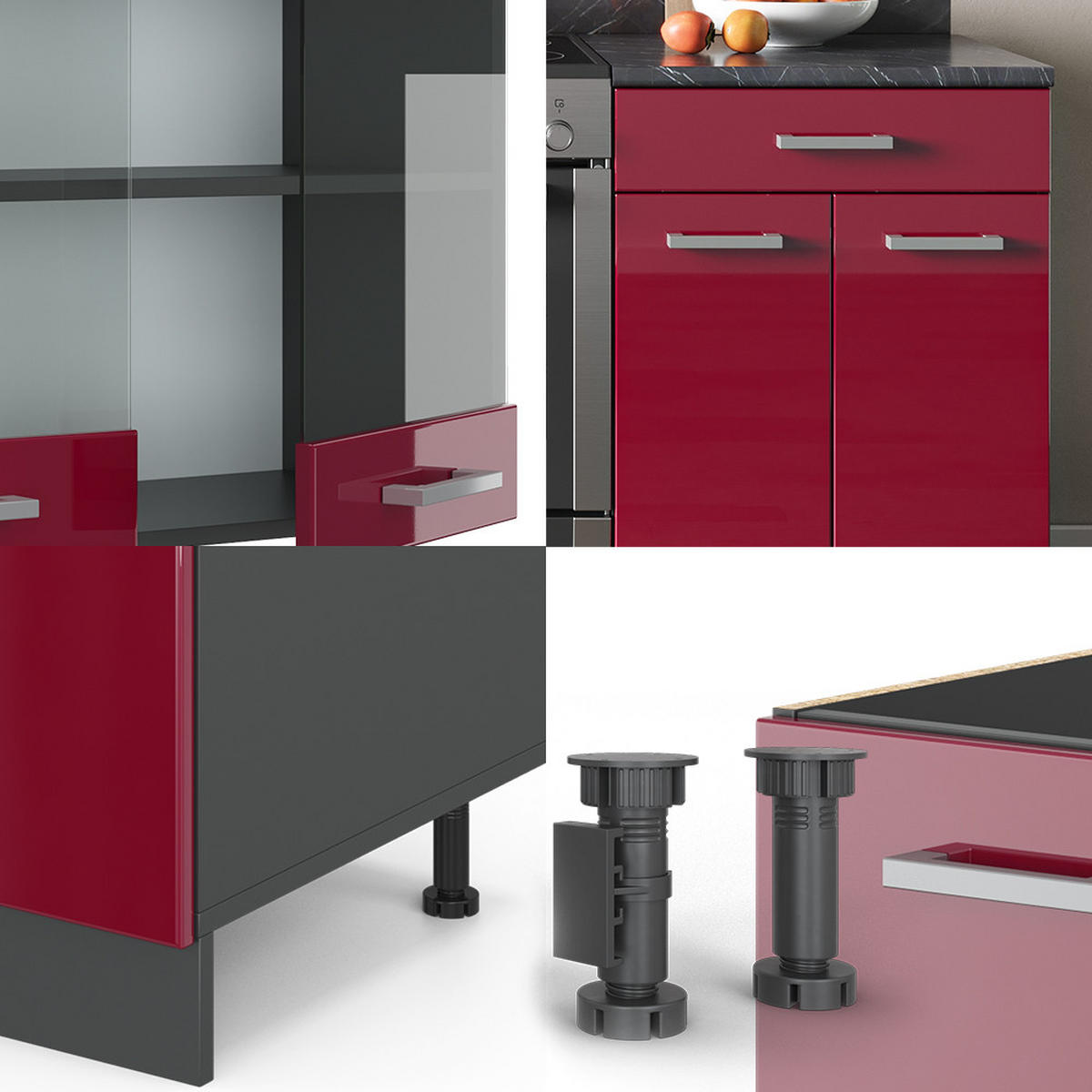 KÜCHENZEILE R-Line Bordeaux Hochglanz/Anthrazit 200 cm, AP Marmor - Bordeaux/Anthrazit, Holzwerkstoff (200/81.6/60cm) - Vicco