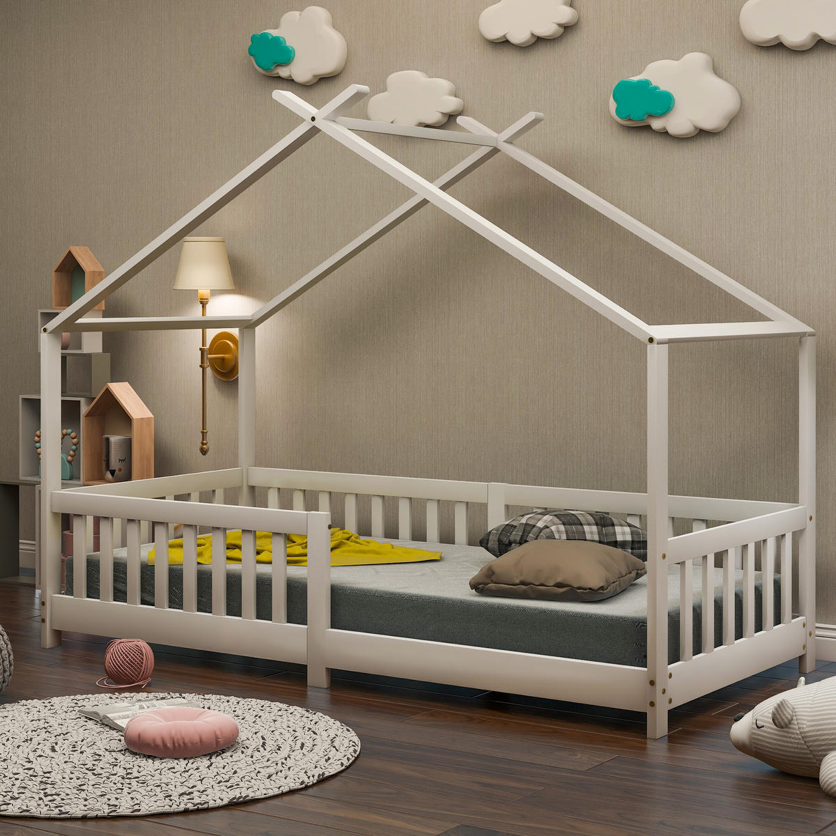 HAUSBETT mit USB und Lattenrost Weiß 90x200 cm Holz - Weiß, Holz (90/200cm) - SONNENH