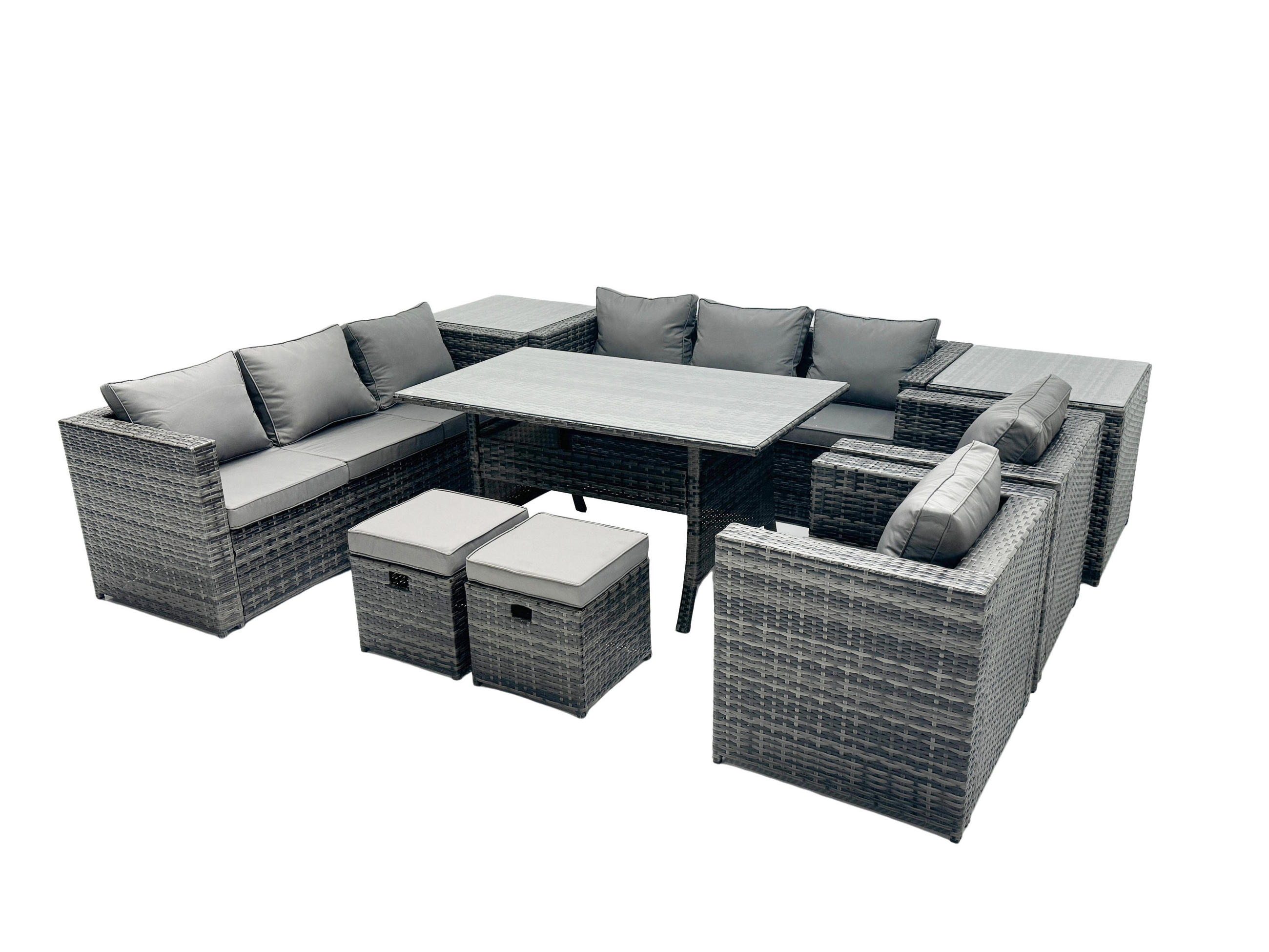 SITZGRUPPE mit Beistelltisch,Hockern Polyrattan Dunkelgrau 10-Sitzer - Dunkelgrau/Grau, Glas/Kunststoff - Fimous