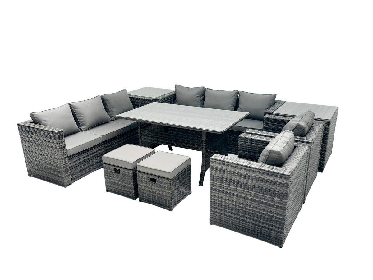 SITZGRUPPE mit Beistelltisch,Hockern Polyrattan Dunkelgrau 10-Sitzer - Dunkelgrau/Grau, Glas/Kunststoff - Fimous