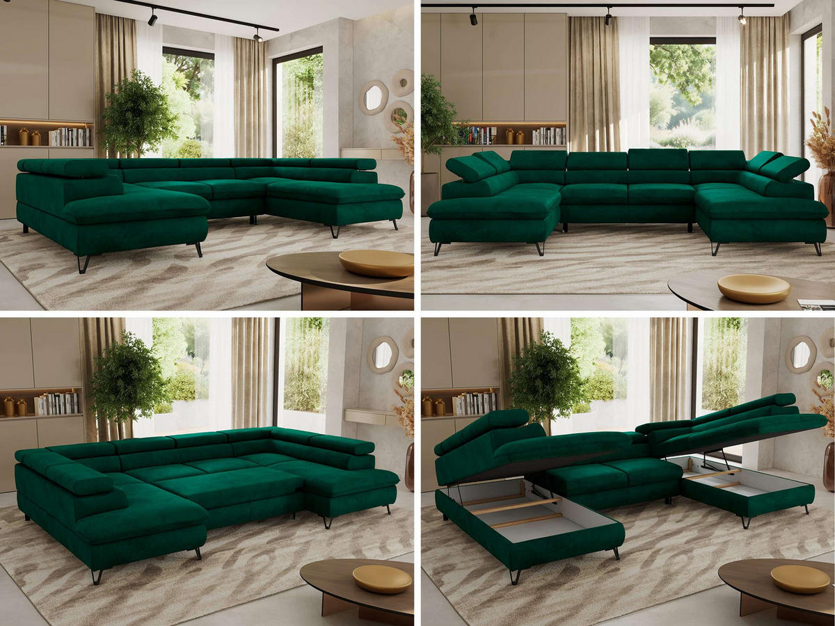 WOHNLANDSCHAFT PABLO U Velvet Dunkelgrün - Dunkelgrün/Schwarz, Textil/Metall (346/76/208cm) - MKS