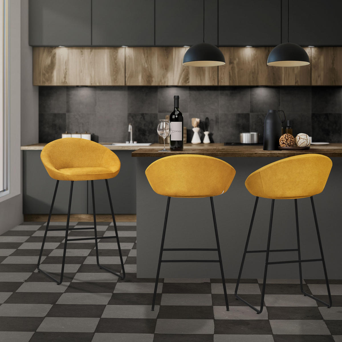 BARHOCKER 2er Set Senf mit Stoffbezug - Currygelb/Schwarz, Metall (56/94/50cm) - ML-DESIGN