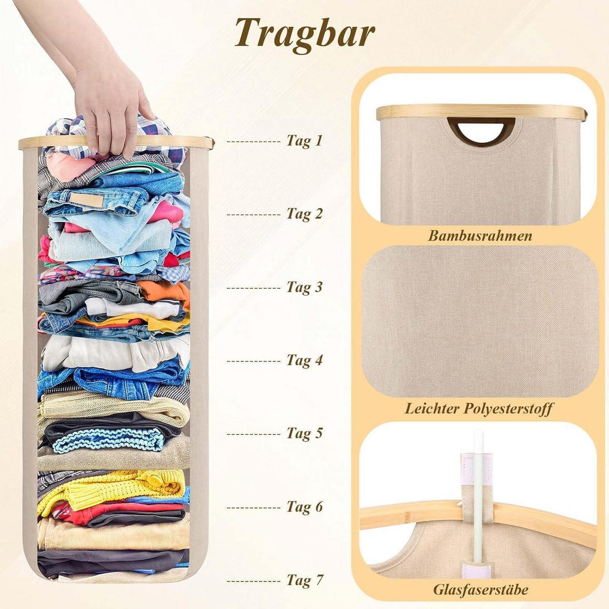 WÄSCHEKORB mit Deckel 100L Hellbeige - Beige, Textil (33/70/44cm)