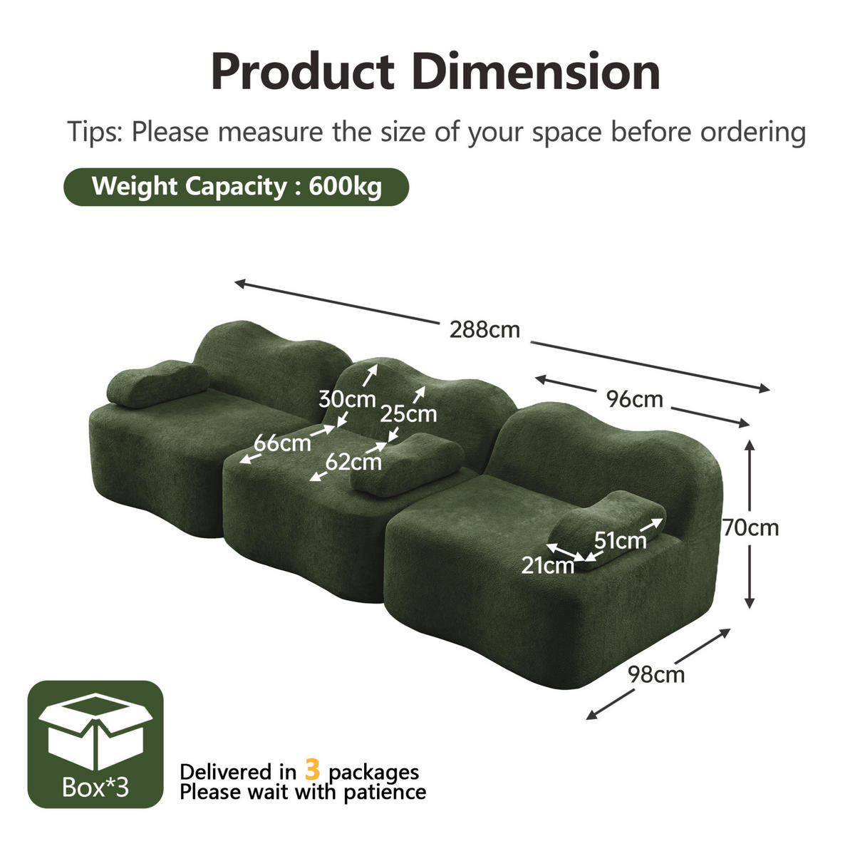 SOFA modular mit tiefer Sitzfläche Samt Grün - Grün, Holzwerkstoff (98/70/288cm) - Meubliv