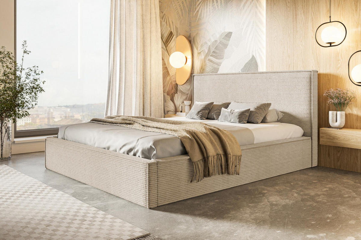 BETT 90x200 - Polsterbett mit Bettkasten und Metallrahmen - Modern Betten - Hochwertiger Poso-Stoff - Kollektion Milano - Beige - Beige, Holz/Textil (90/200cm) - Alpi-Möbel