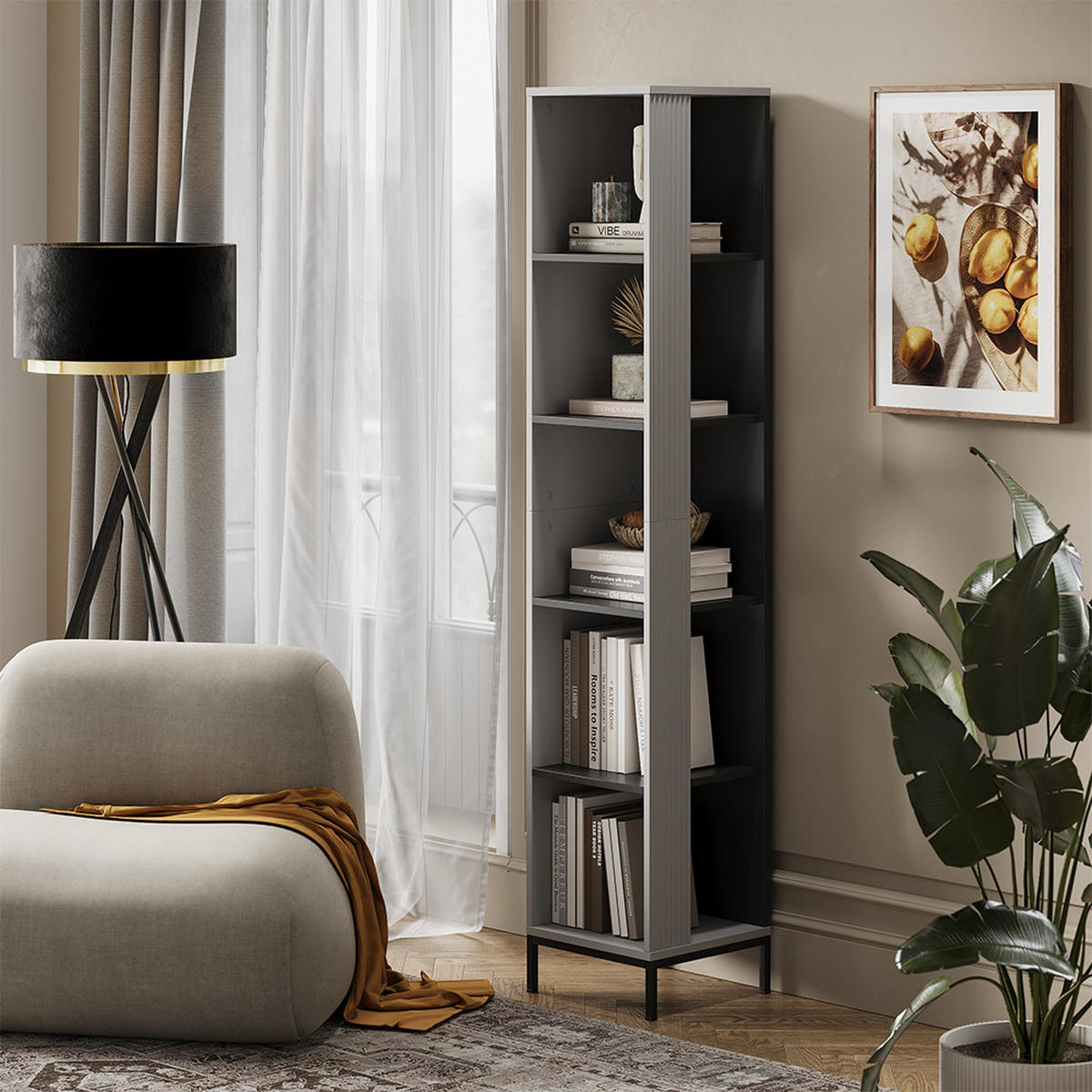 BÜCHERREGAL Eliza Grau 36 x 188 cm mit 5 Fächern - Grau, Holzwerkstoff (36/188/36cm) - Vicco