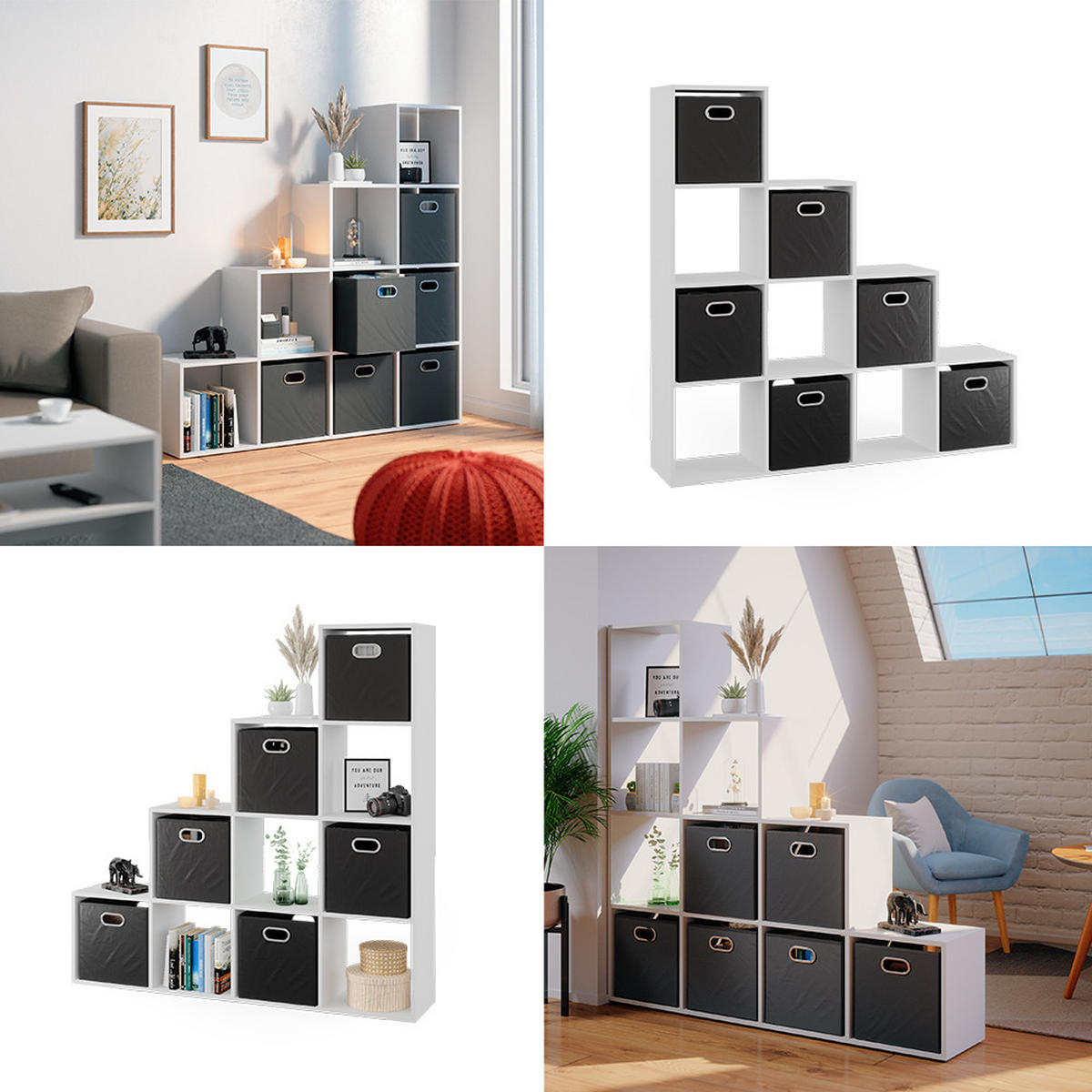 TREPPENREGAL Weiß 142.5 x 140 cm mit 6 Faltboxen - Anthrazit/Weiß, Holzwerkstoff (142.5/140/29cm) - Vicco