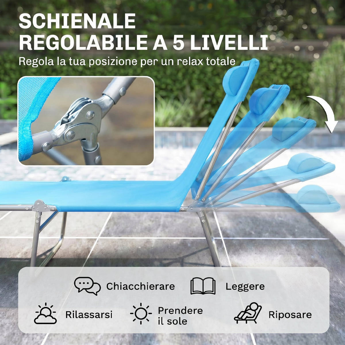 SONNENLIEGE Klappbare mit verstellbarer Rückenlehne und Kissen 182 x 56 x 24,5 cm - Blau, Metall (142.24/62.23/462.28cm) - Vallsero