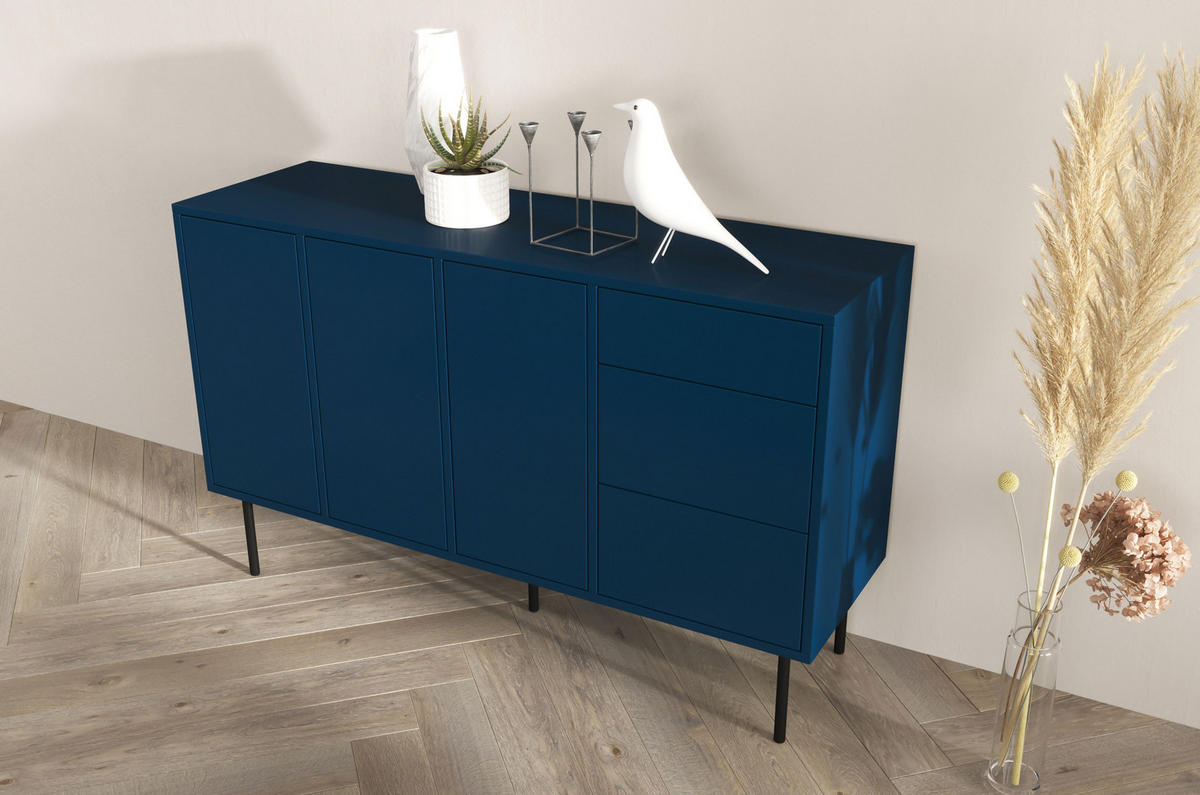 SIDEBOARD Mirka, Marinblau, Push to Open System, Minimalistisch - Schwarz/Dunkelblau, Holzwerkstoff/Metall (130/80/40cm) - Dancan