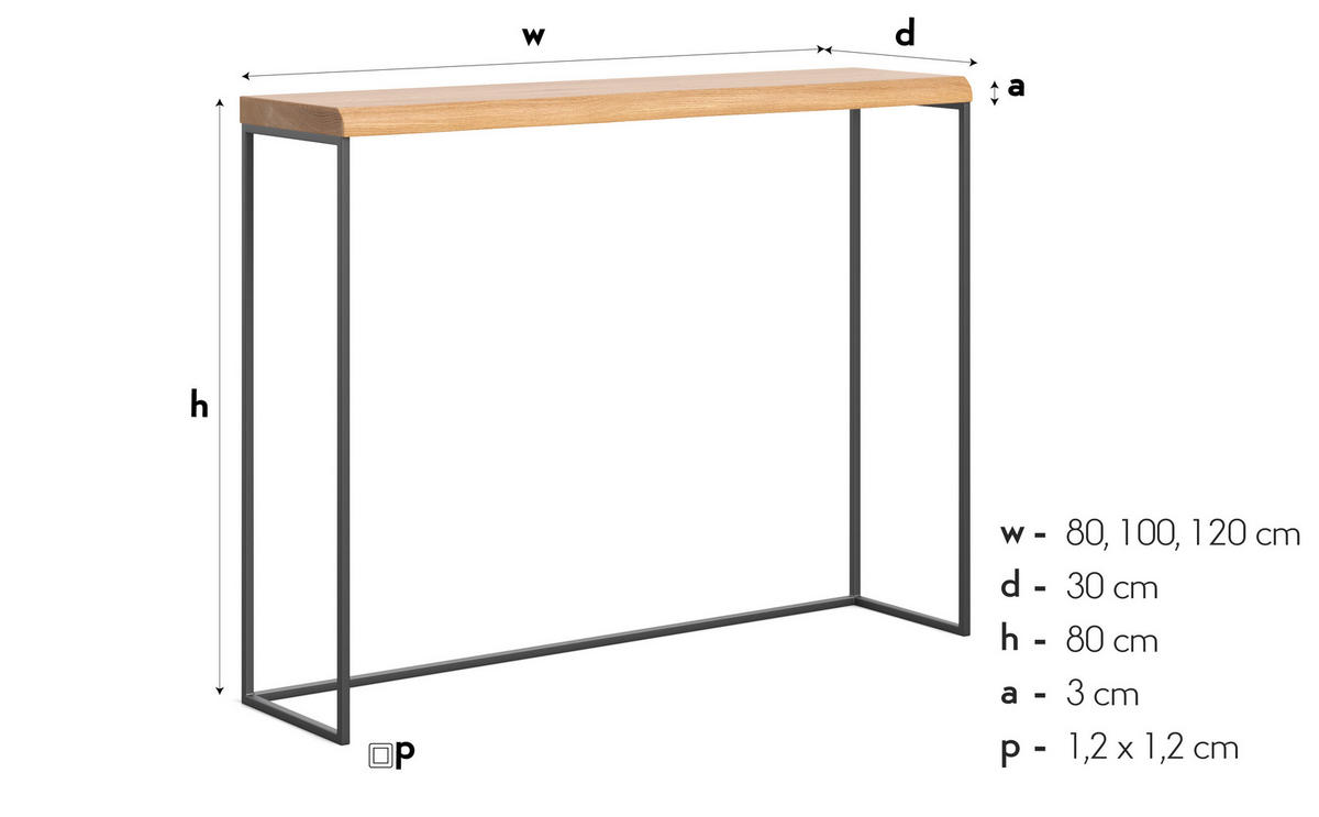 KONSOLENTISCH Lille aus massivem Eichenholz 120 cm - Eichefarben/Schwarz, Holz/Metall (120/30/80cm) - Danzz