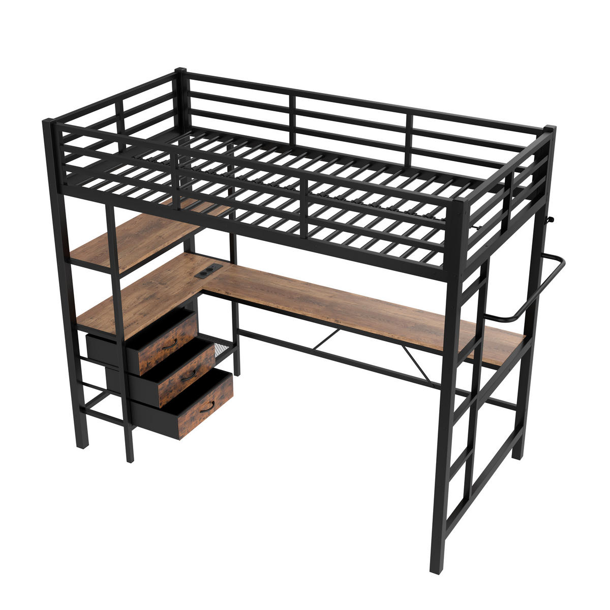 HOCHBETT mit Schreibtisch und 3 Schubladen 90x200 cm Schwarz - Schwarz, Metall (90/200cm) - Meubliv