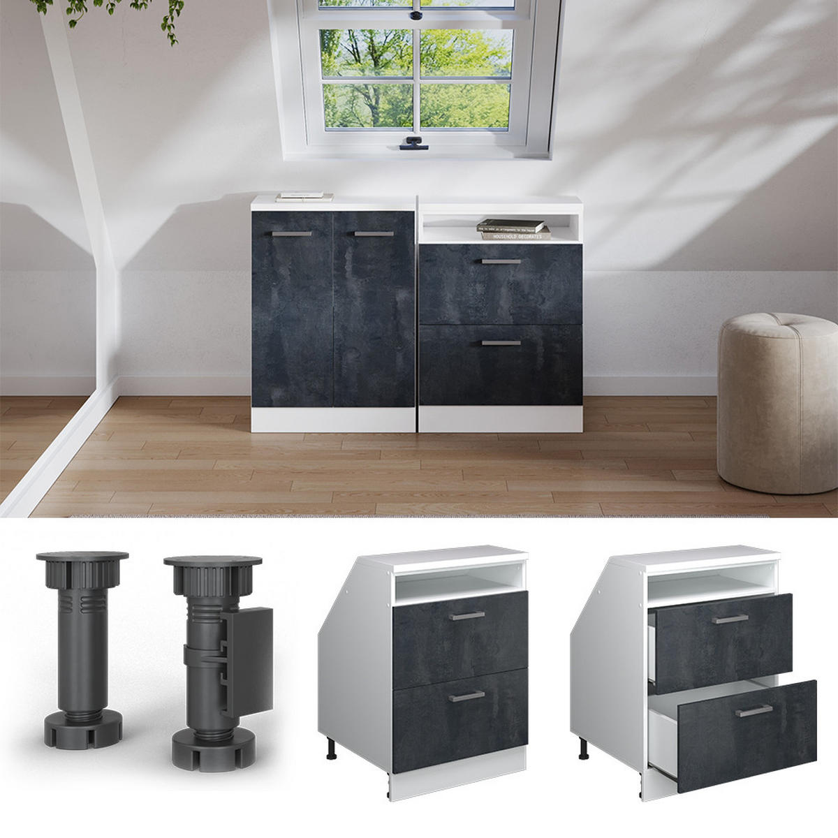 ORMARIĆ ZA KOSI KROV S LADICAMA Rion Crni Beton 60 x 81.6 cm s 2 ladice, korpus ormara dubine 60 cm - bijela/crna, drvni materijal (60/83.8/60cm) - Vicco