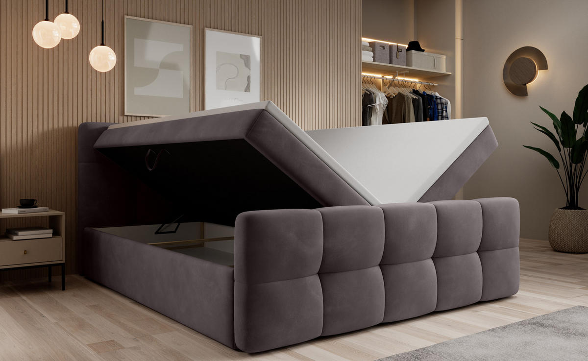 BOXBETT Modena 3 grau 200/200 cm mit Bettkasten - Grau, Textil (200/200cm) - wonello