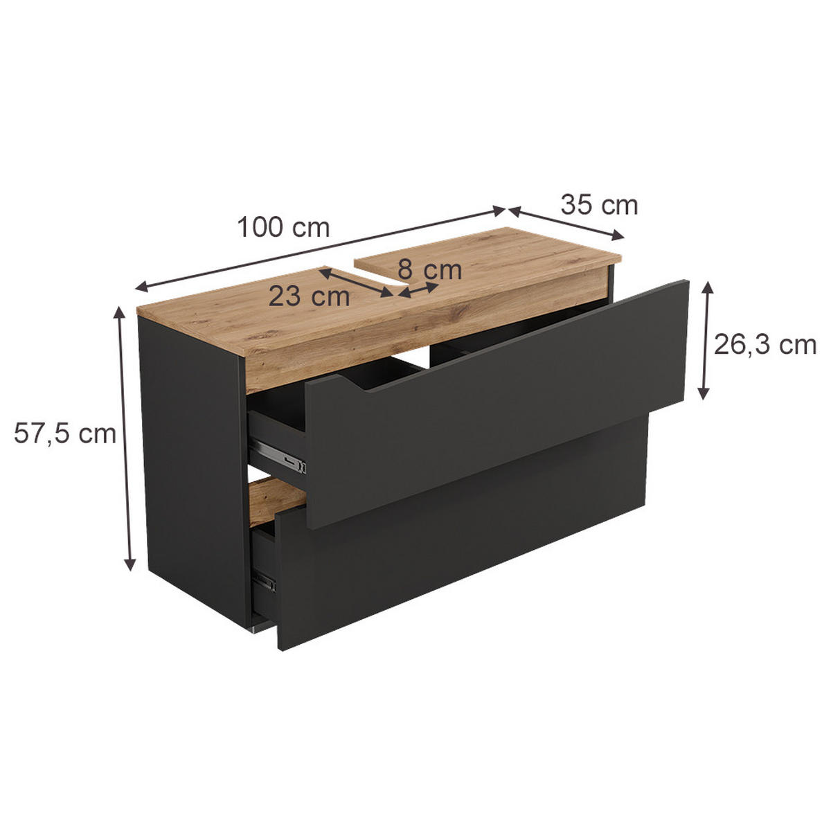 WASCHBECKENUNTERSCHRANK Marelle, Anthrazit/Artisan-Eiche, 100 x 57.5 cm mit 2 Schubladen - Anthrazit/Eiche Artisan, Holzwerkstoff (100/57.5/35cm) - Vicco