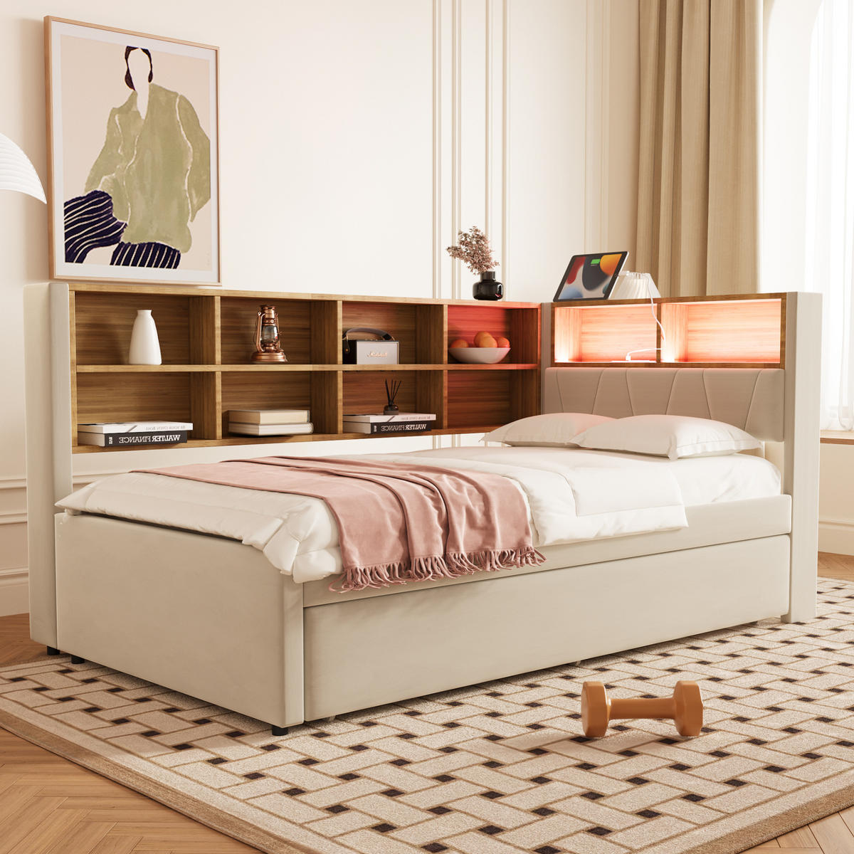 POLSTERBETT 90/200 cm Beige aus Flanell mit Ausziehbett - Beige, Textil (90/200cm) - OKMYHOME