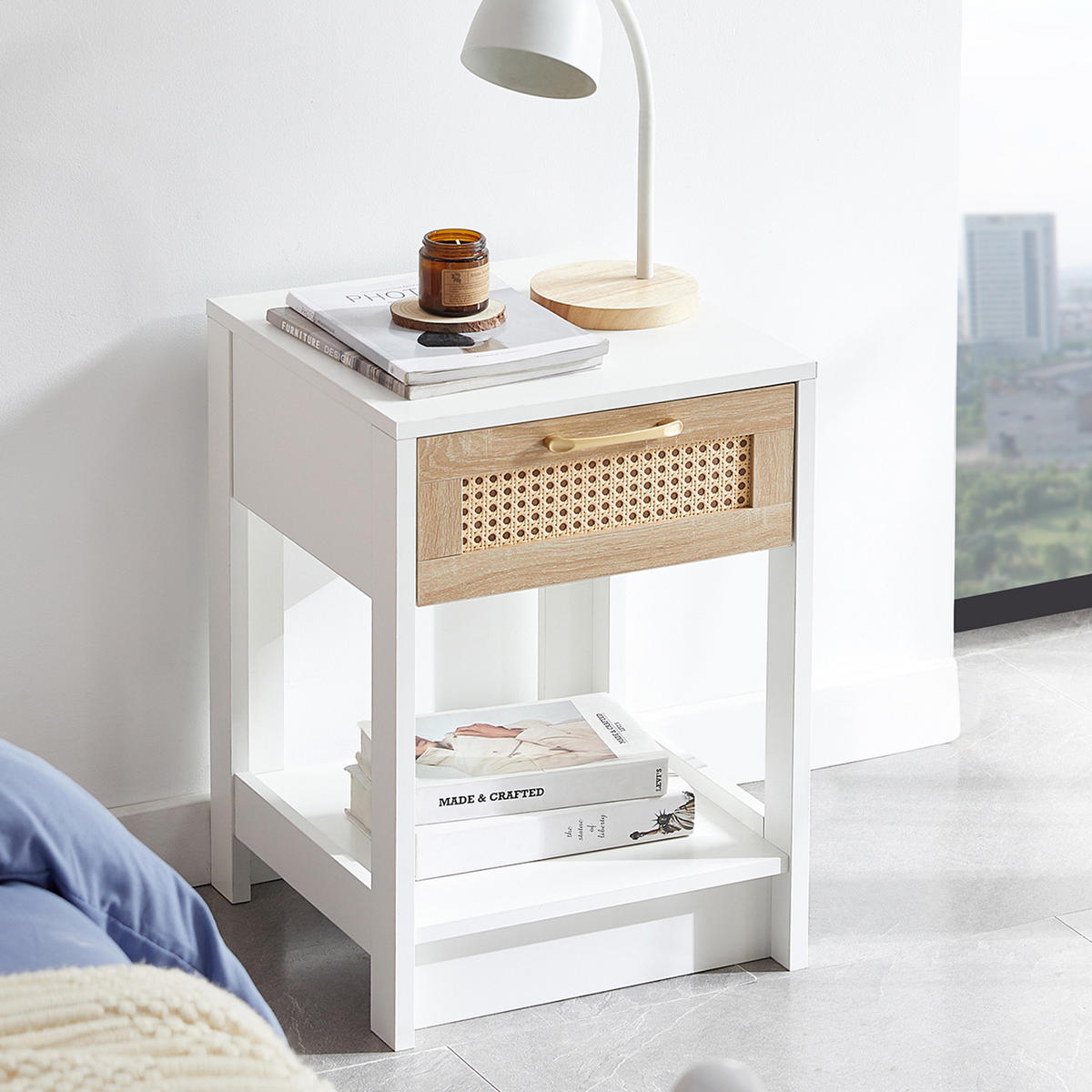 NACHTTISCH 40/40/55 cm Natur/Weiß aus MDF mit Schublade - Hellbraun, Holzwerkstoff (40/55/40cm) - OKWISH