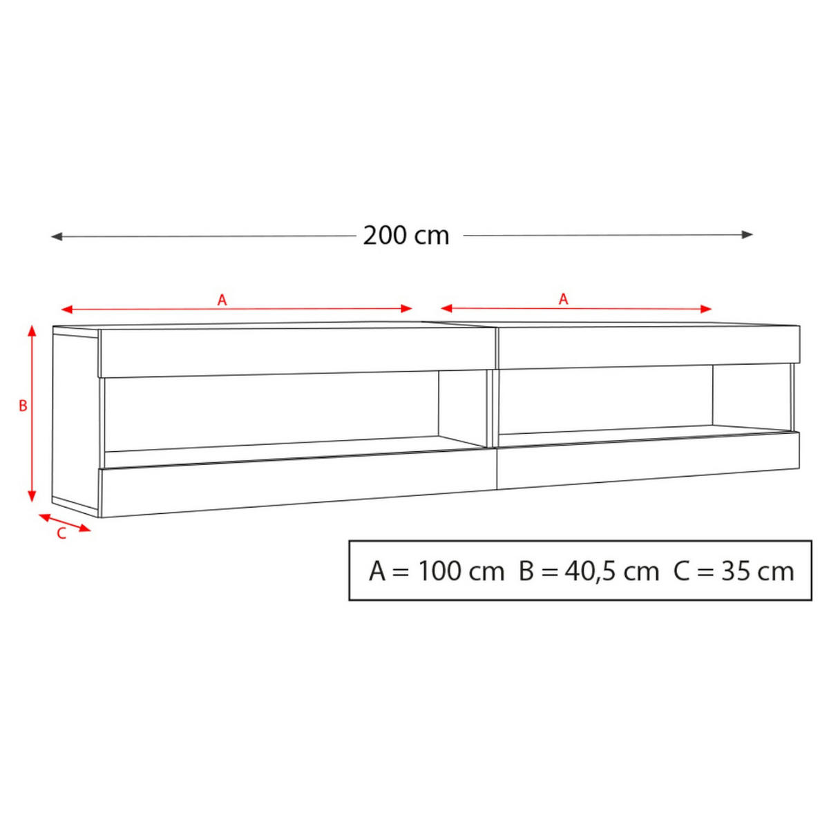 WOHNWAND 2-er Set, TIVOLI SET4 mit mehrfarbige LED RGB Beleuchtung Weiß + Schwarz, Offener Raum - Eiche Wotan/Schwarz, Glas/Holzwerkstoff (200/41/35cm) - Komodee