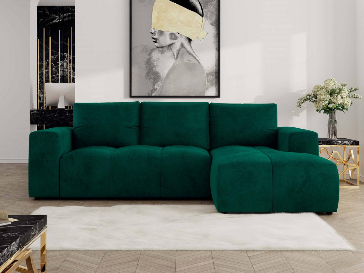 ECKSOFA MONIVA Dunkelgrün Velvet - Rechts - Dunkelgrün/Schwarz, Textil (266/164cm) - MKS