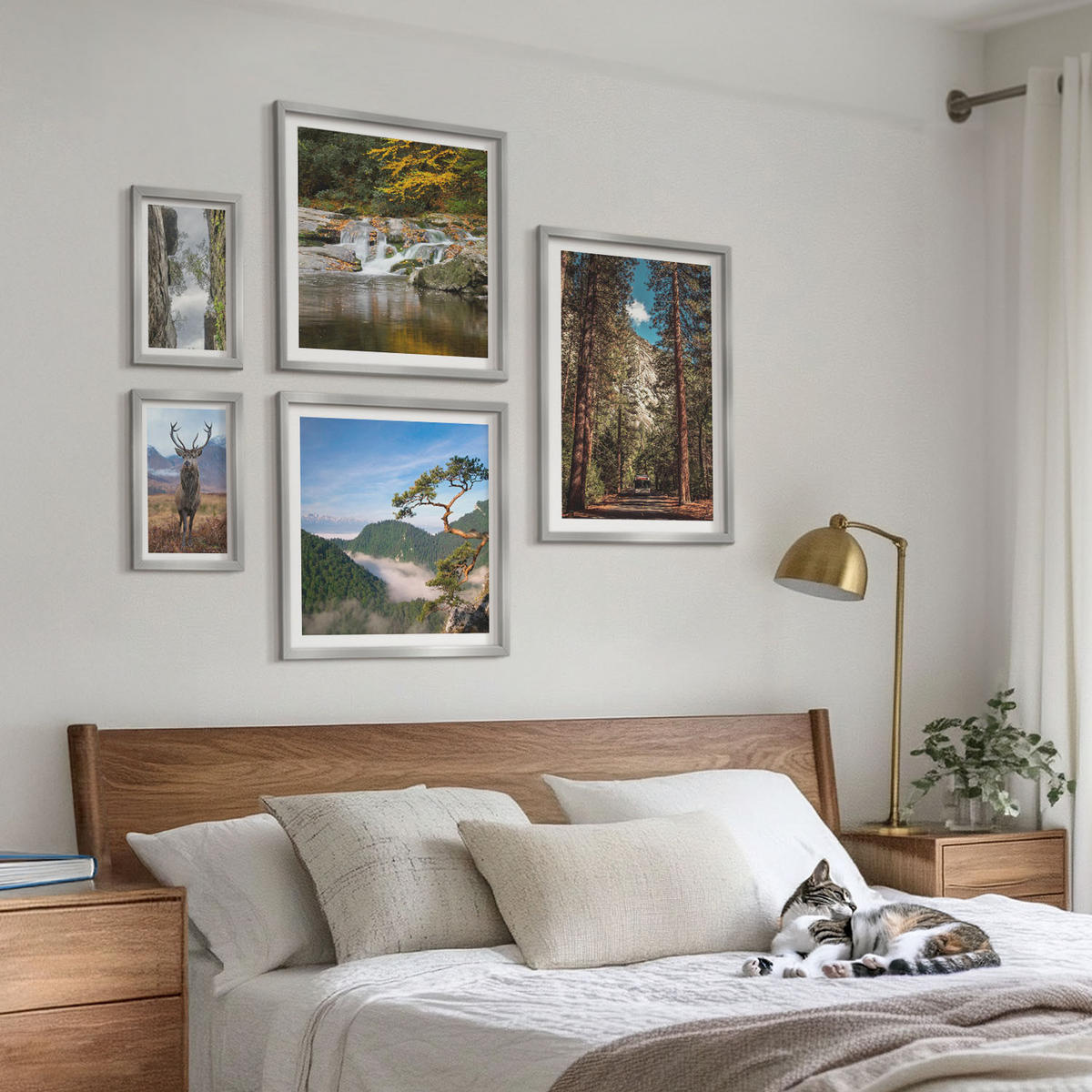 BILDER SET 5er Set - 50x50 cm & 20x30 cm & 40x60 cm Silberner Rahmen - Wasserfall Wald Berge Hirsch Natur - Silberfarben, Kunststoff (40/60cm) - TULUP