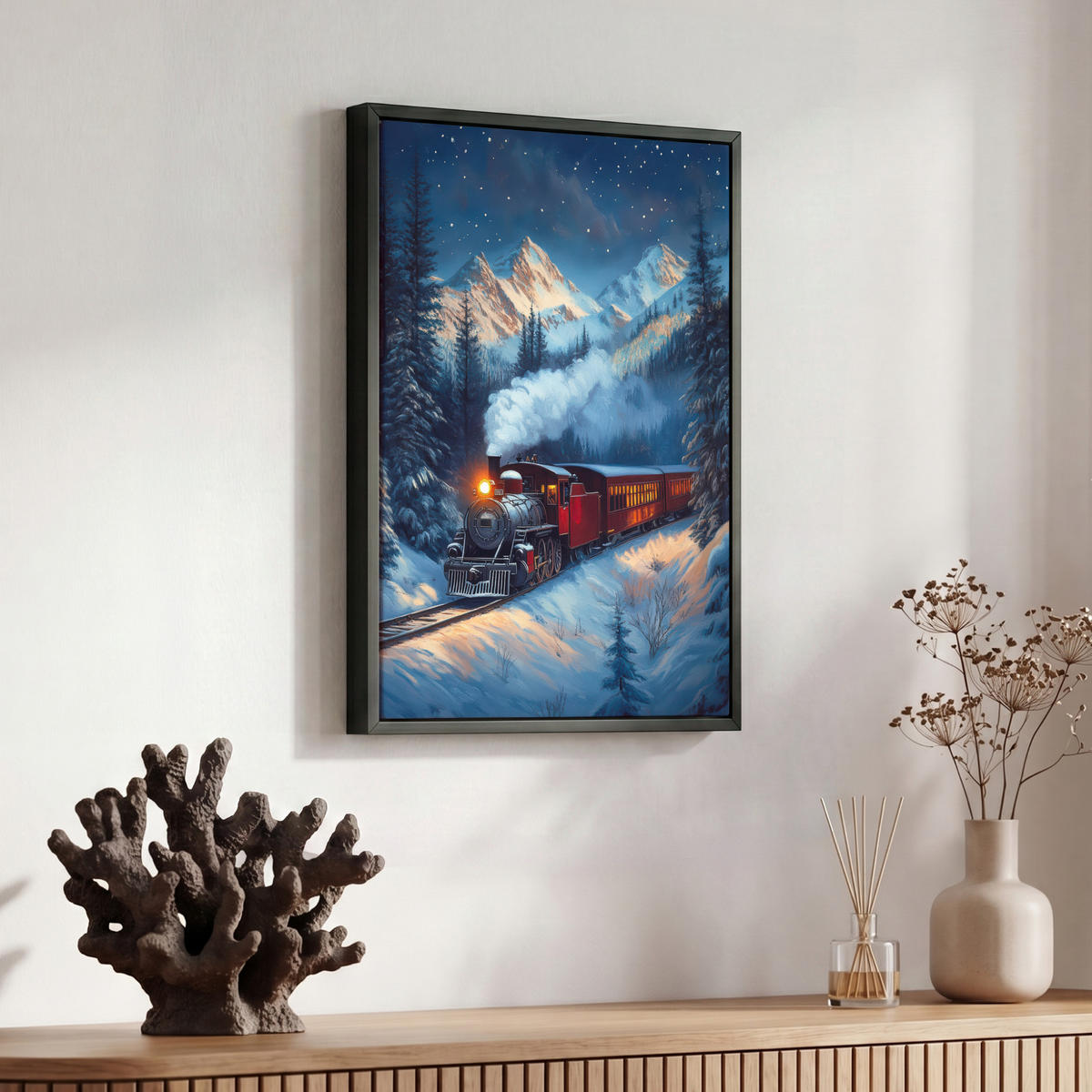 LEINWAND Bilder mit Rahmen - Zug - Weihnachten - Schnee - Weihnachtszug - 30x40 - Anthrazit, Textil (30/40cm) - MuchoWow