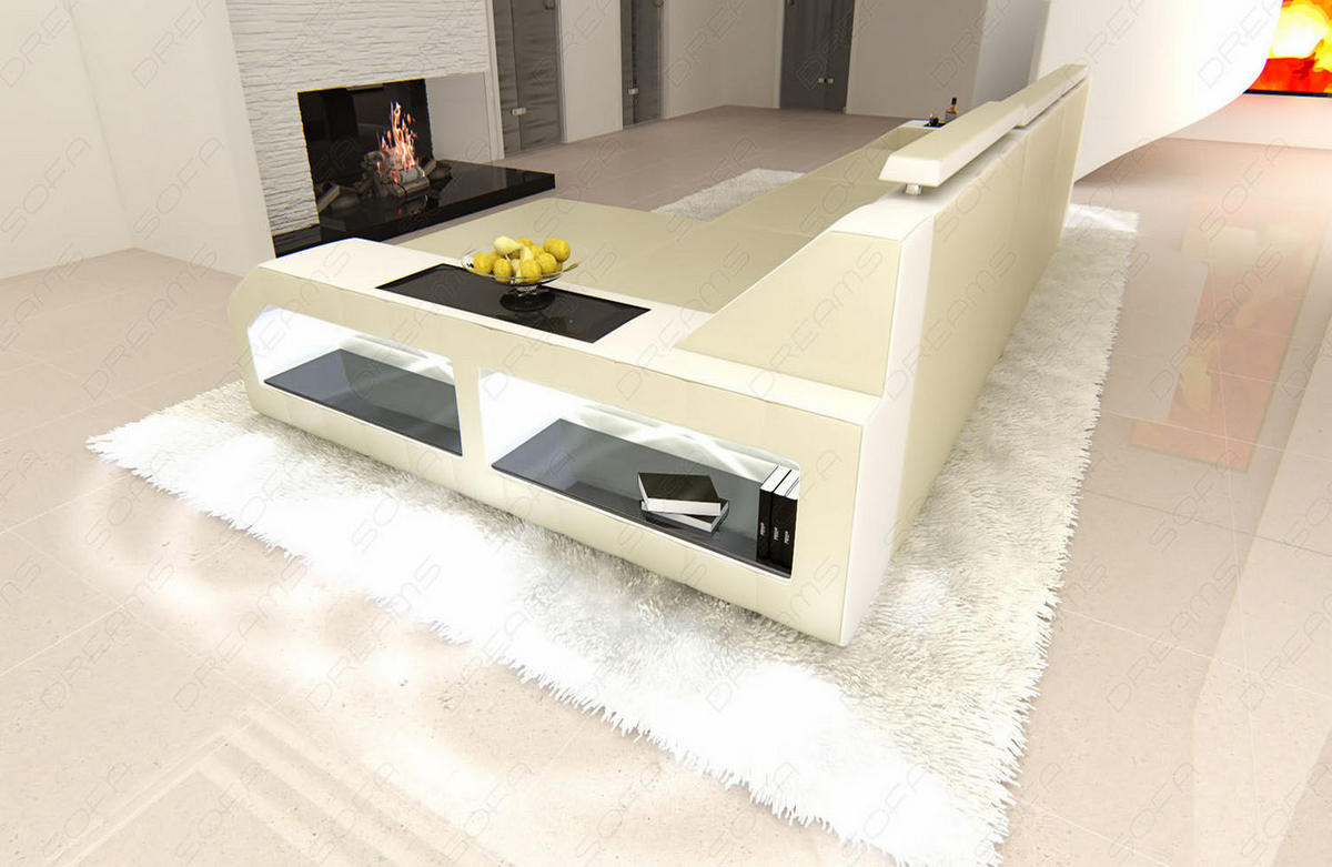 ECKSOFA Arezzo L - Beige/Weiß, Leder (308/194cm) - Sofa Dreams