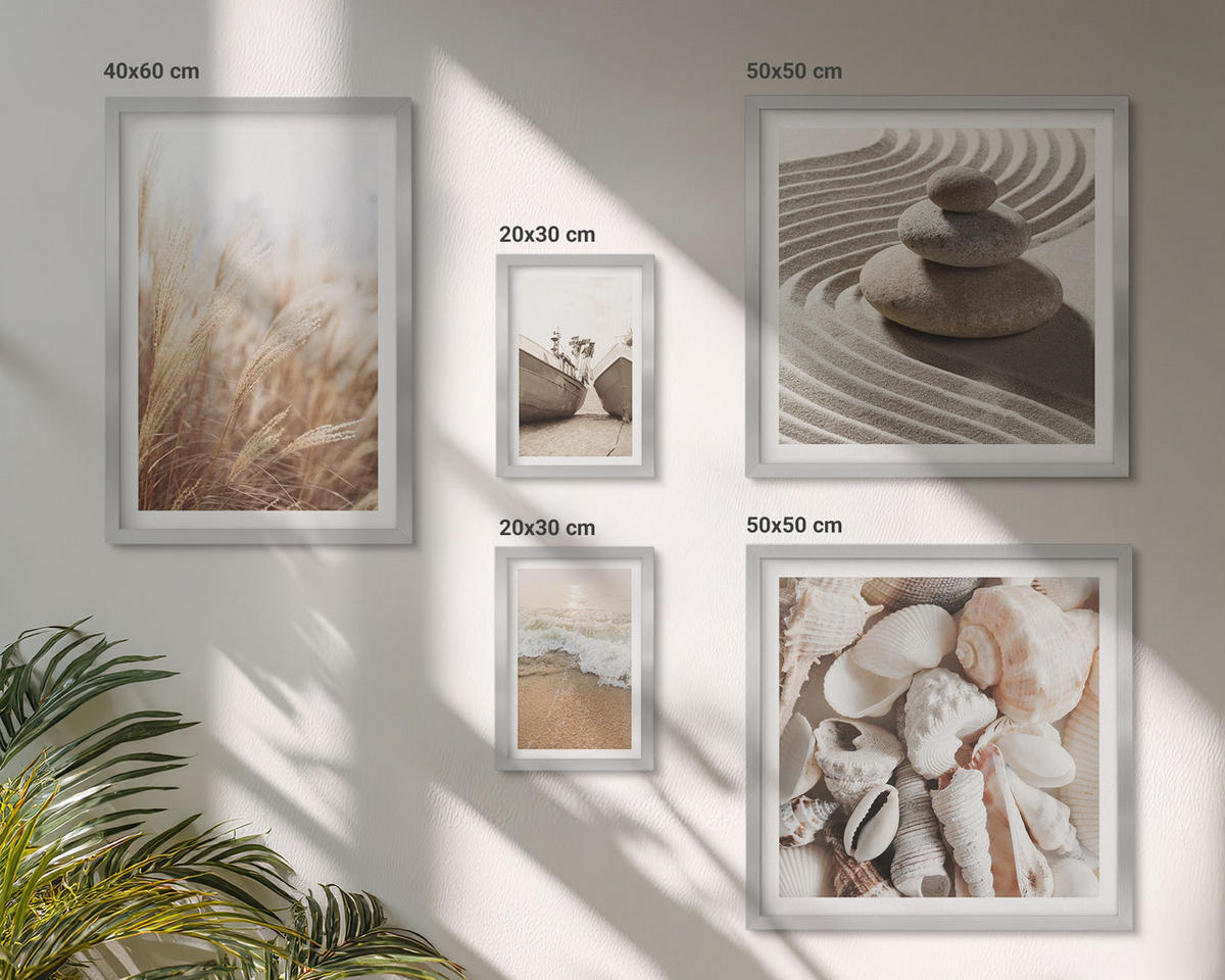 BILDER SET 5er Set - 50x50 cm & 20x30 cm & 40x60 cm Silberner Rahmen - Wolkenmeer, Traumfänger, Gras - Silberfarben, Kunststoff (40/60cm) - TULUP