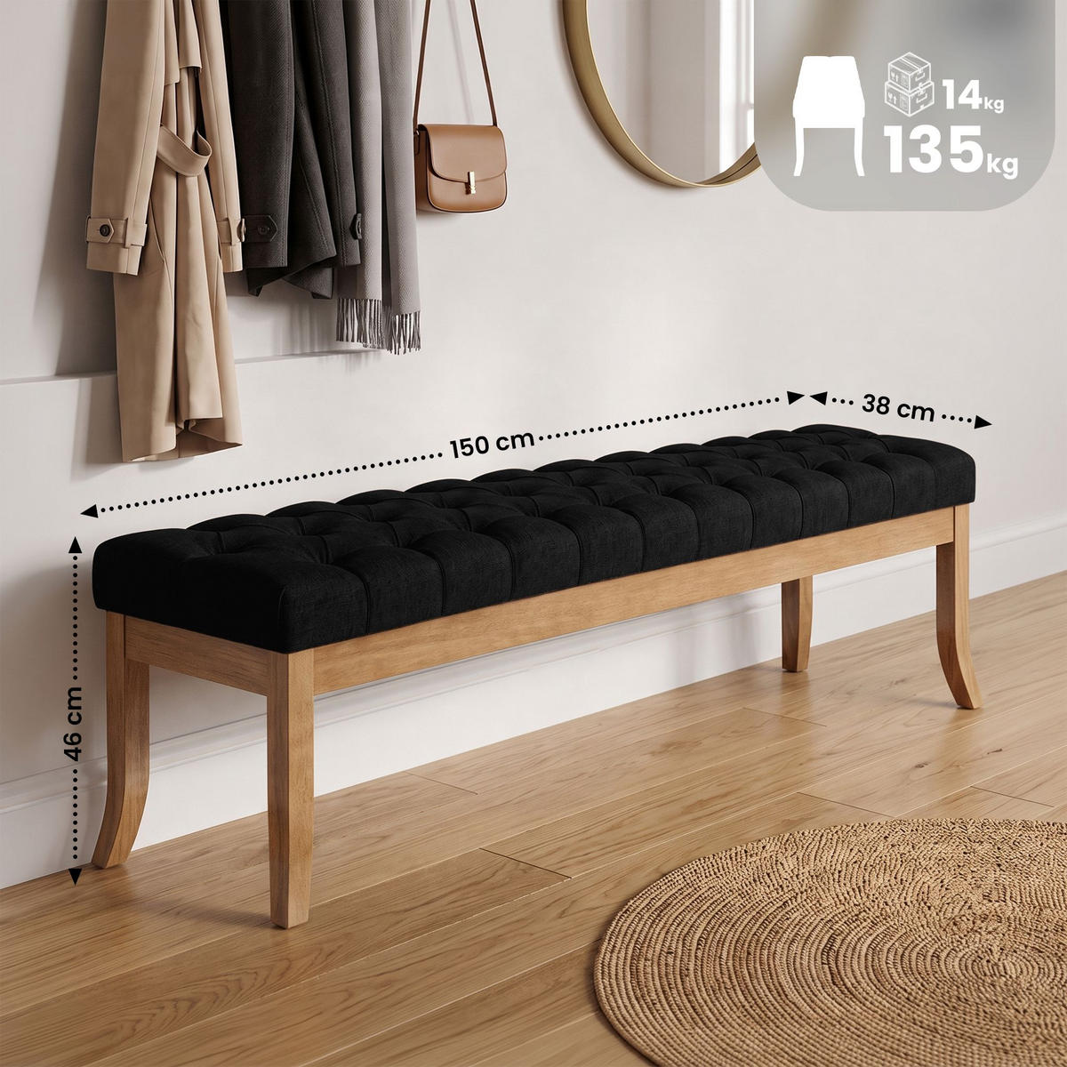 SITZBANK 150/38 cm Stoff schwarz - Schwarz/Naturfarben, Holz/Textil (150/46/38cm) - CLP