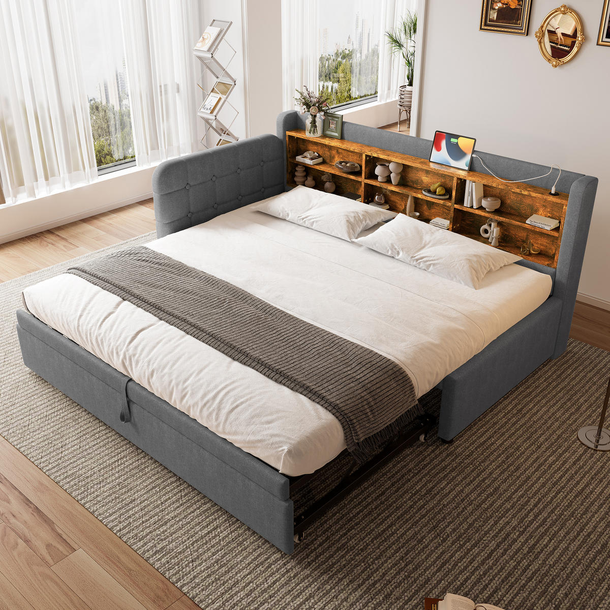 DAYBETT 90/200 cm Grau multifunktionales Ausziehbett mit USB- und Type-C-Anschlüssen aus Leinen - Grau, Textil (90/200cm) - OKWISH